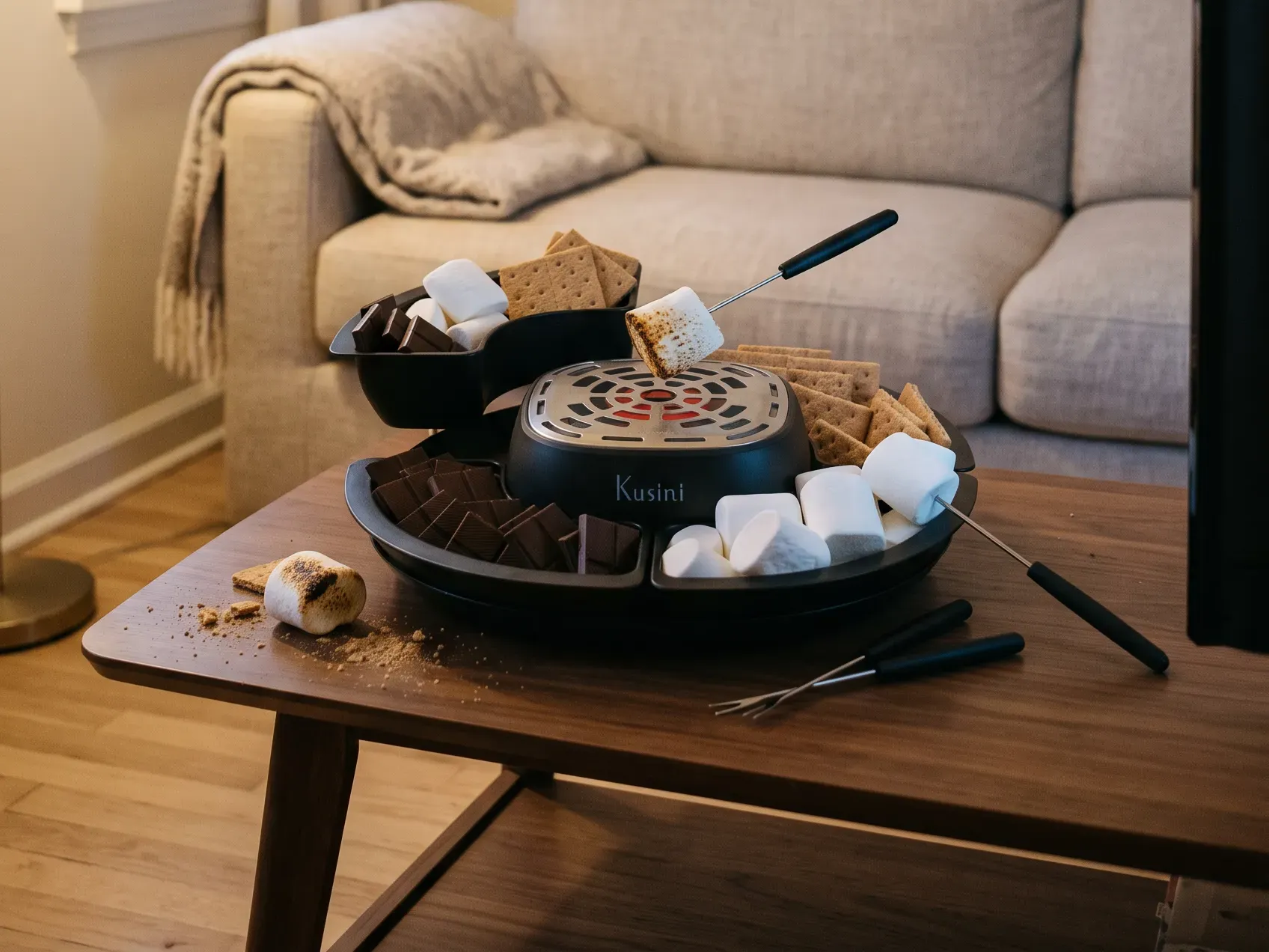Electric s'mores maker on a coffee table with marshmallows toasting on forks and a TV glowing in the background, one of the gifts for homebodies