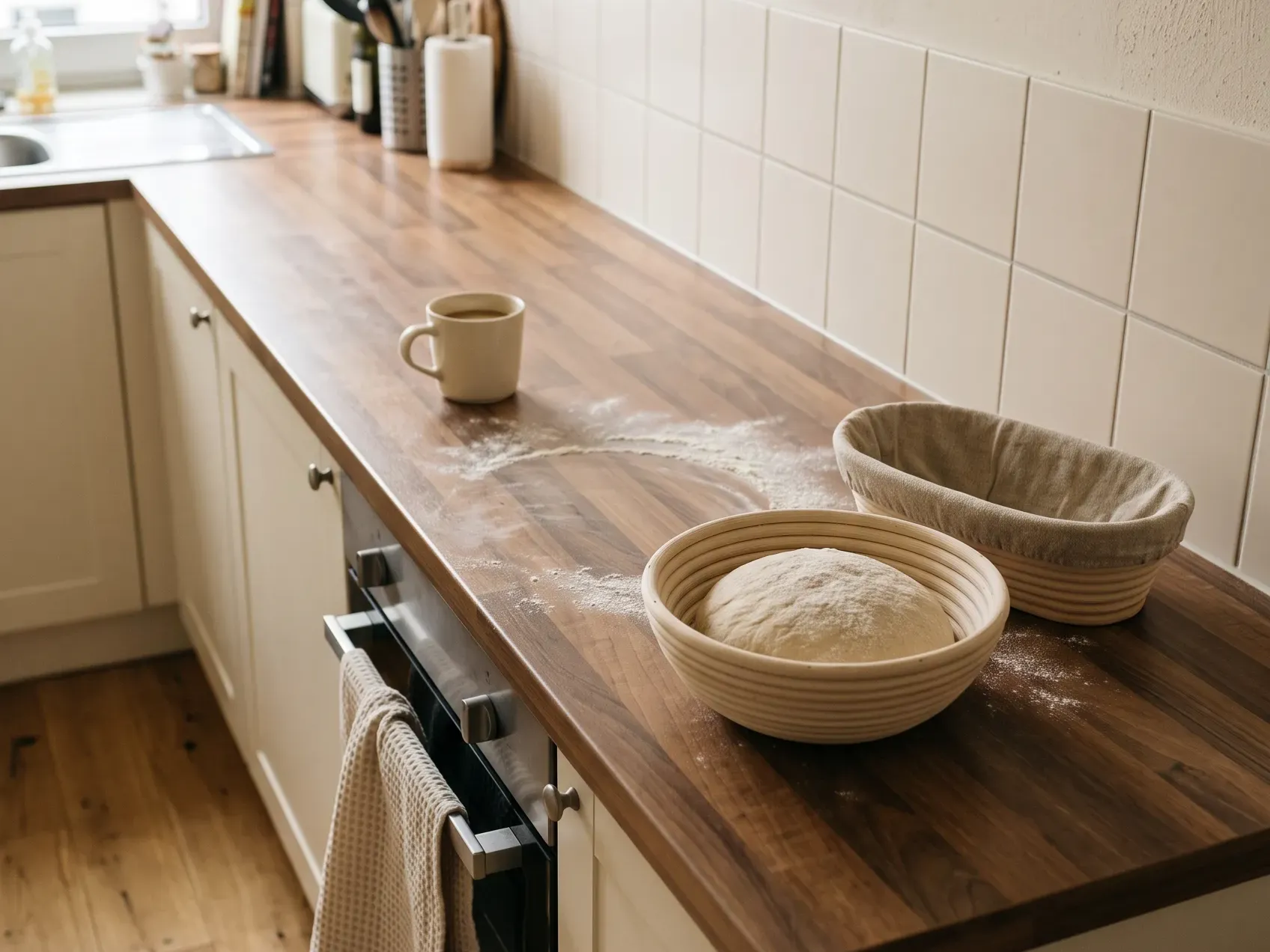 Round banneton proofing basket with a floured loaf resting inside on a kitchen counter next to a dough scraper, a baking gift for homebodies
