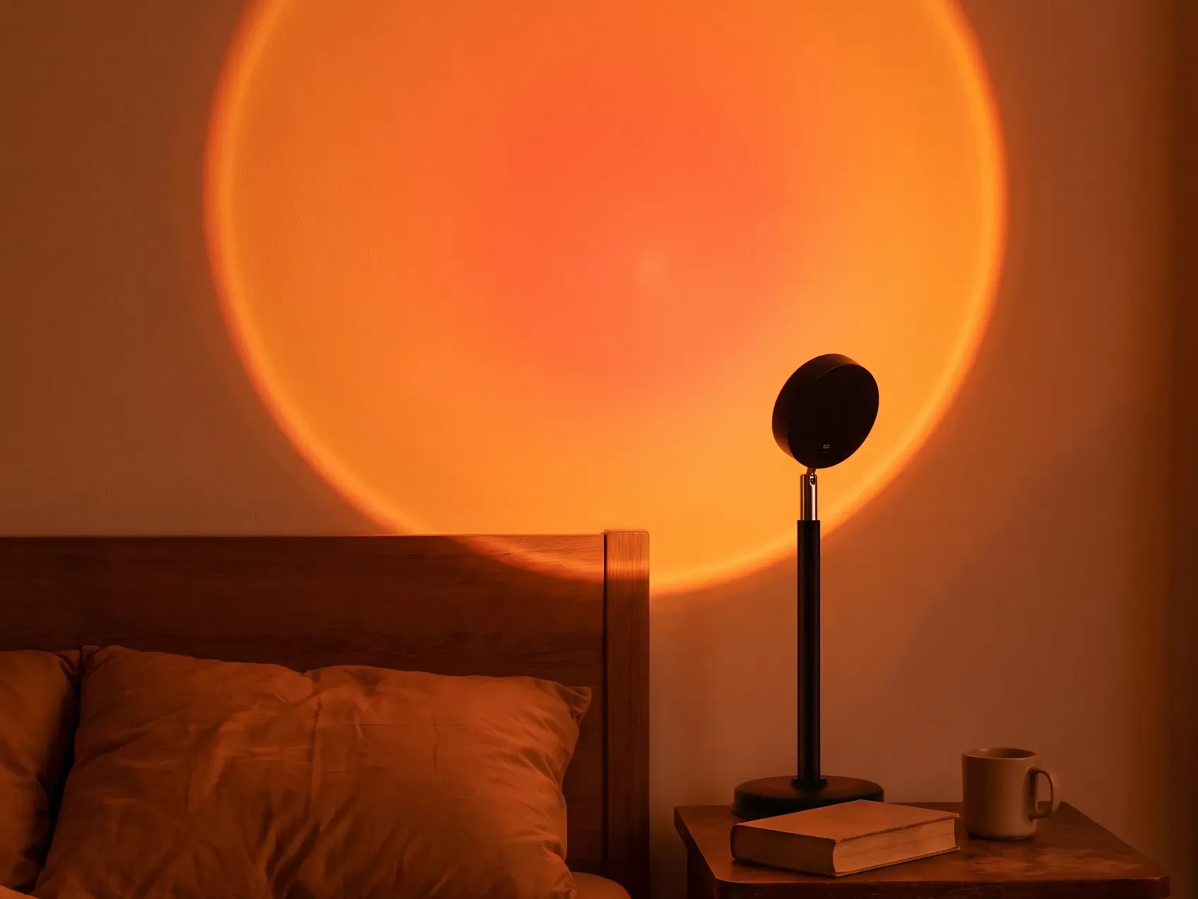 Sunset lamp projecting a warm orange circle of light onto a bedroom wall above a bed in the evening, a light-based gift for homebodies