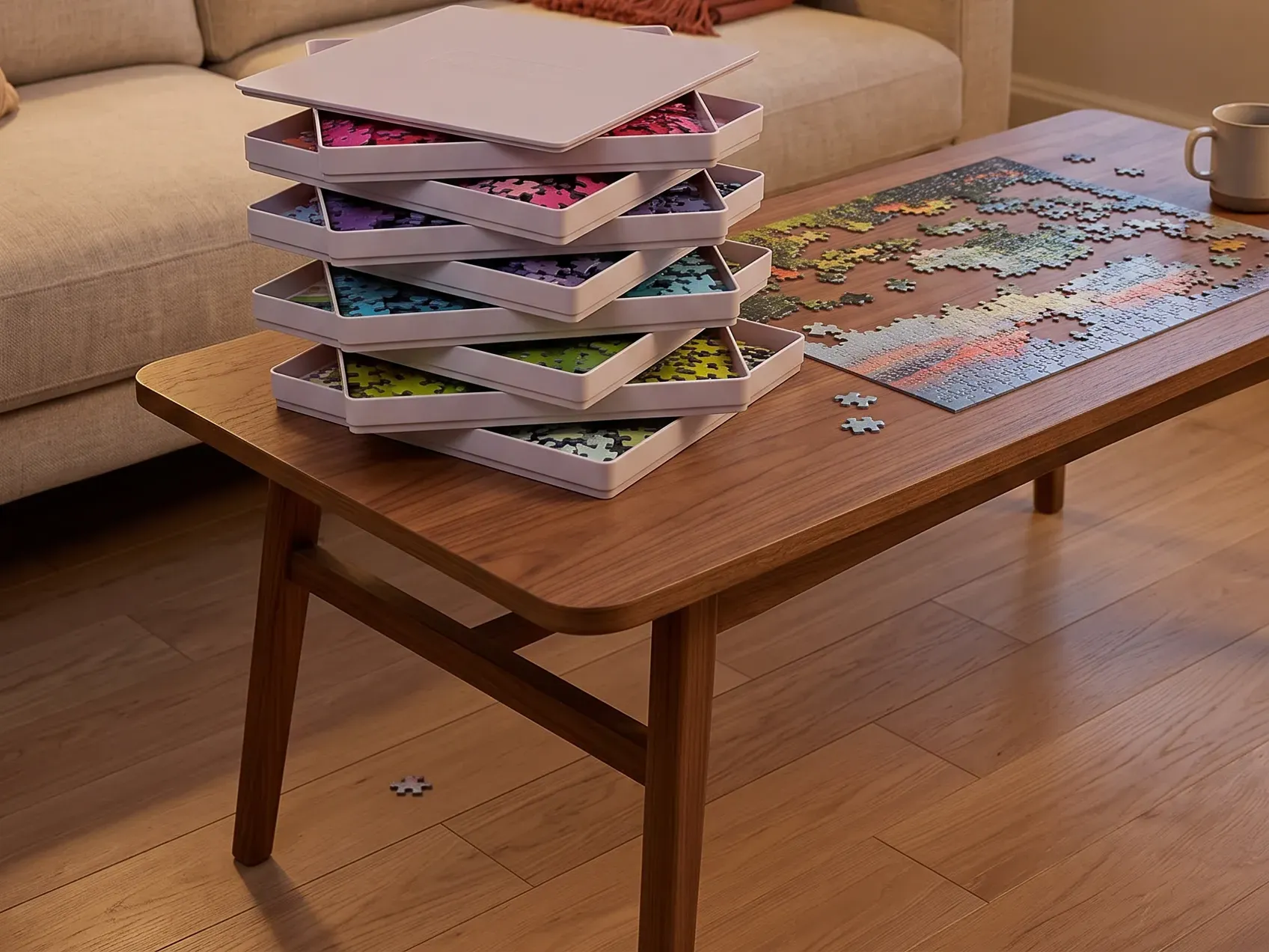 Stack of lidded puzzle sorting trays beside a half-finished jigsaw puzzle on a dining table, a puzzle gift for homebodies