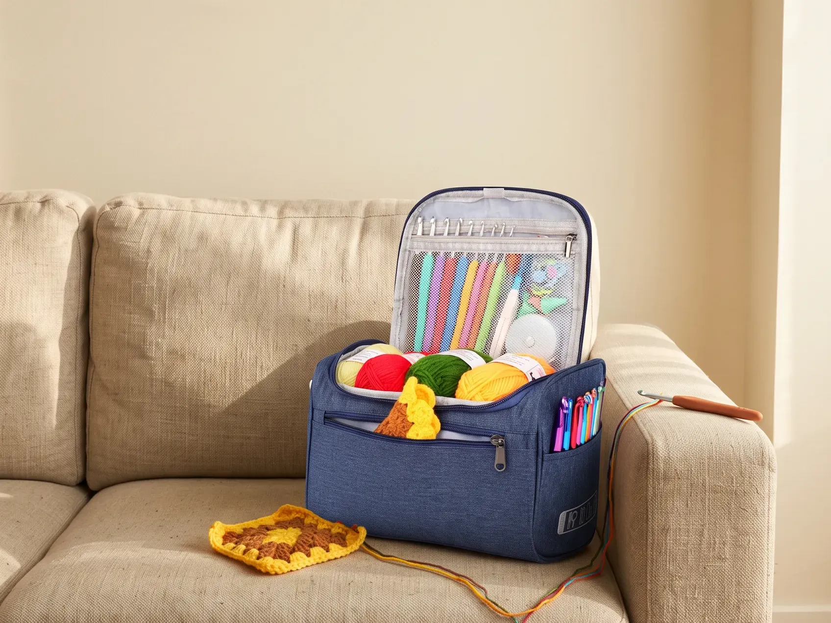 Beginner crochet kit with yarn balls and a small half-made project in a hanging bag on the arm of a sofa, a hobby gift for homebodies and introverts