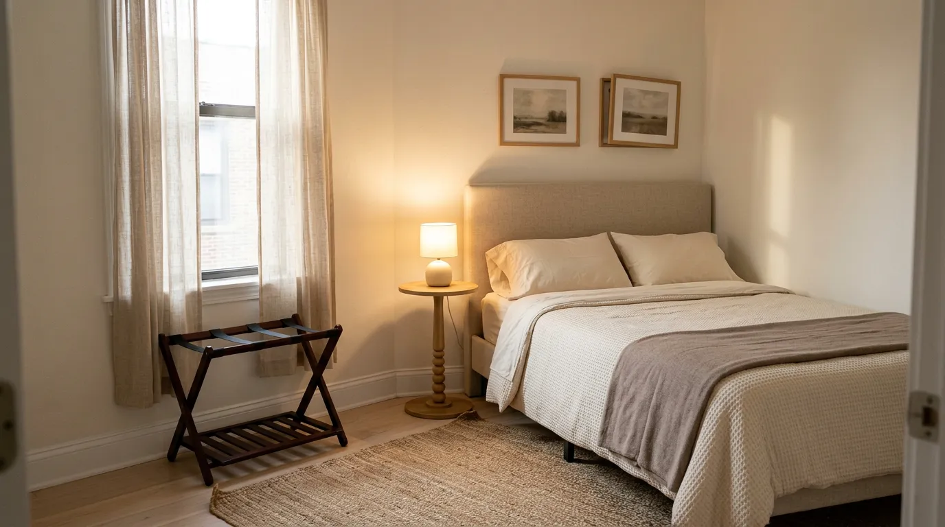 Small guest bedroom with a made bed in cream linen, a walnut luggage rack under the window and a round wood side table catching late afternoon light, showing guest bedroom ideas
