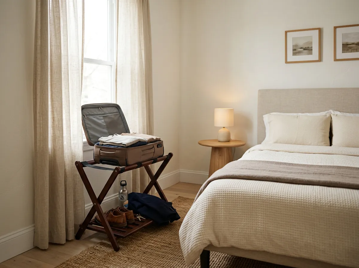 Open suitcase resting on a folding walnut luggage rack beside a made bed in a small guest bedroom, one of the most useful guest bedroom ideas