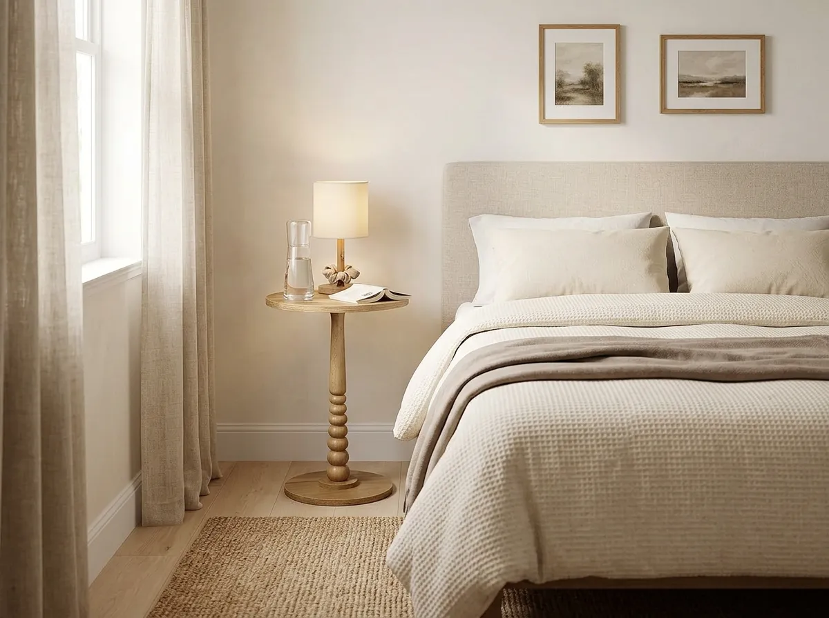 Round natural wood side table beside a guest bed holding a clear glass water carafe with the tumbler inverted on top, a small space guest bedroom idea