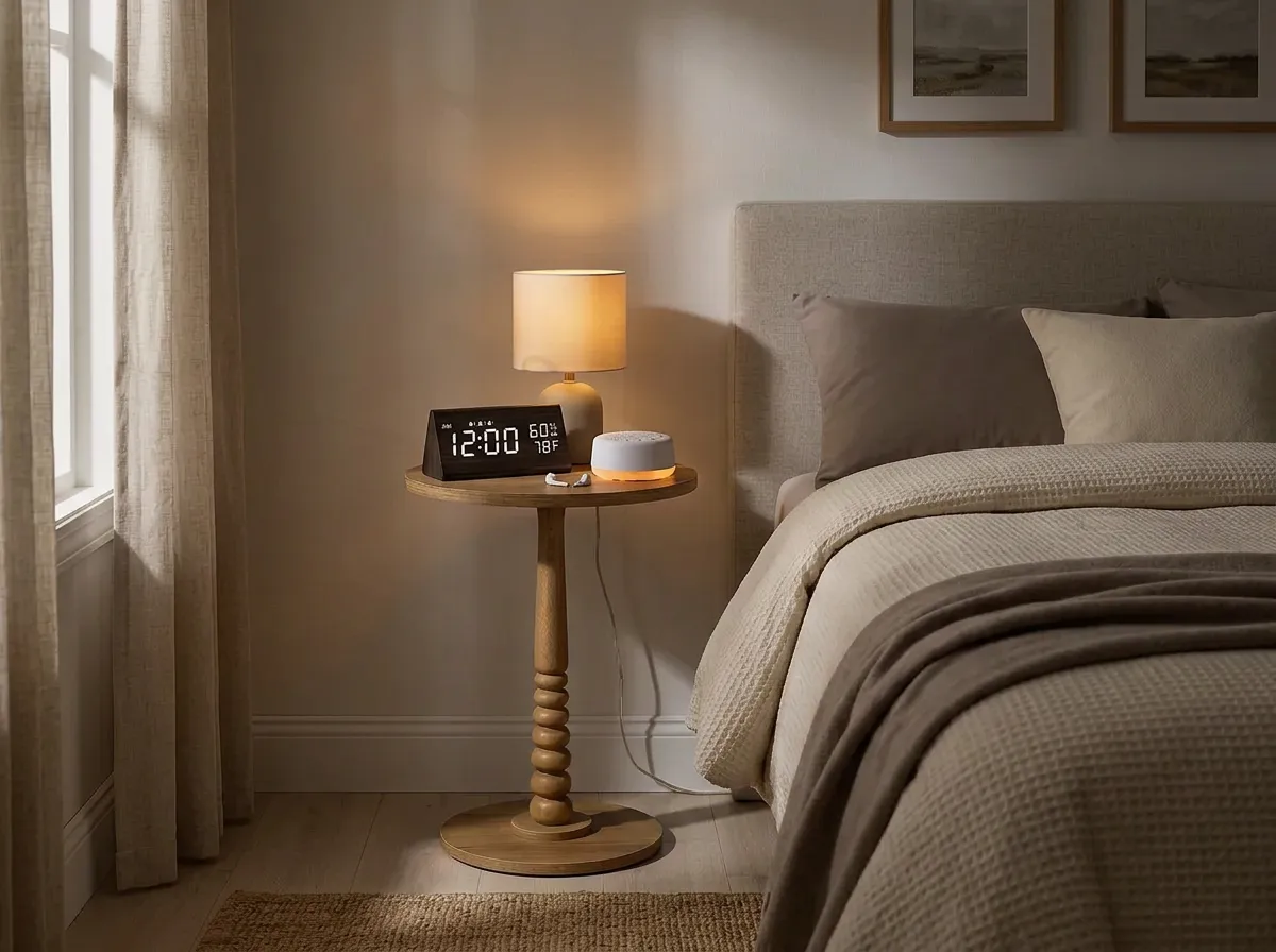 Dimmed wood grain digital alarm clock and a small round white sound machine on a side table beside a guest bed at night, practical guest room essentials