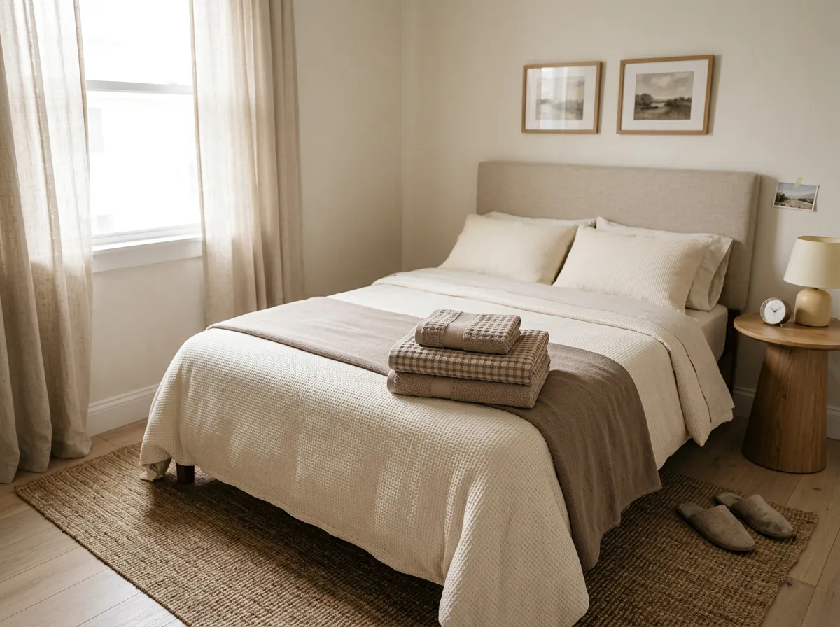 Stack of folded taupe waffle weave towels resting at the foot of a made guest bed in soft daylight, a budget guest bedroom idea