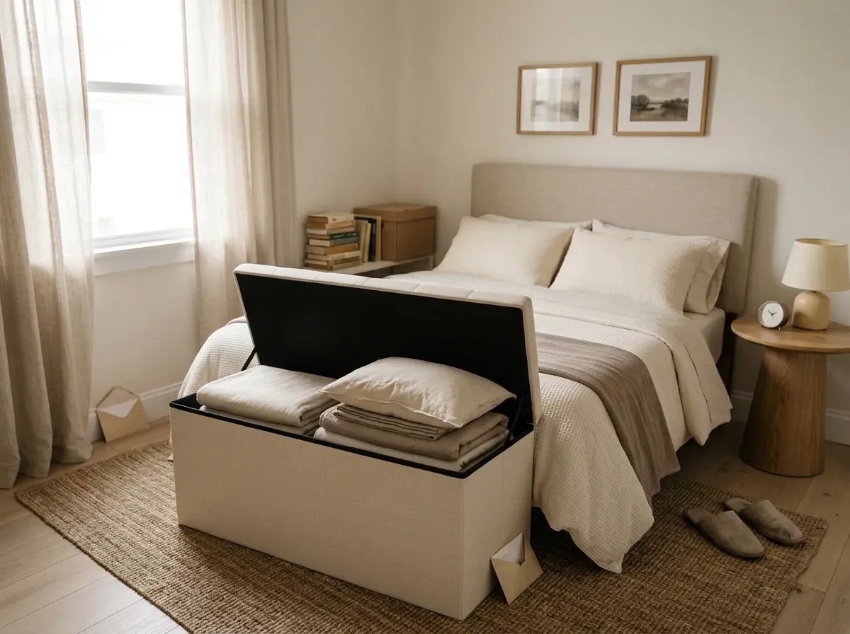 Cream folding storage bench at the foot of a guest bed with the lid open showing folded spare bedding inside, a small guest bedroom storage idea