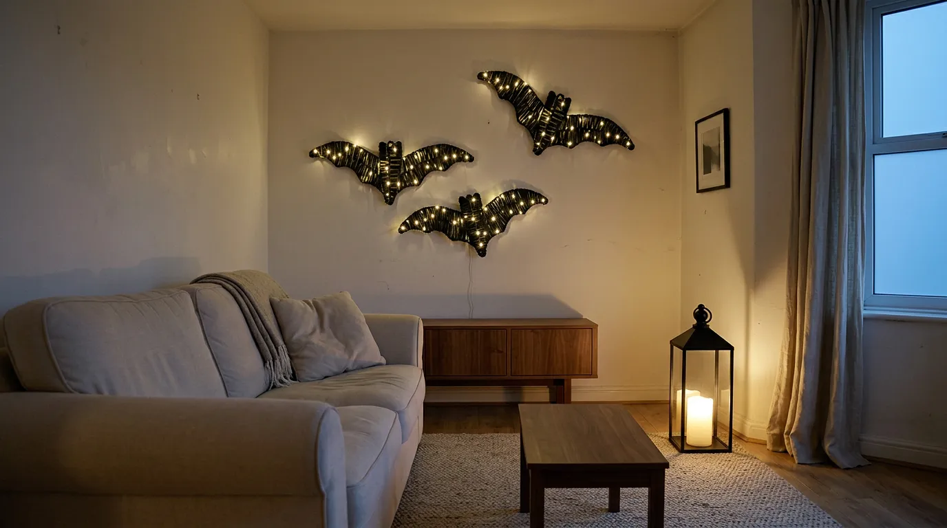 Small rented living room at dusk with three lit rattan bats on the wall above a cream sofa and a black metal lantern glowing on the floor beside the coffee table, indoor Halloween decorations for a renter
