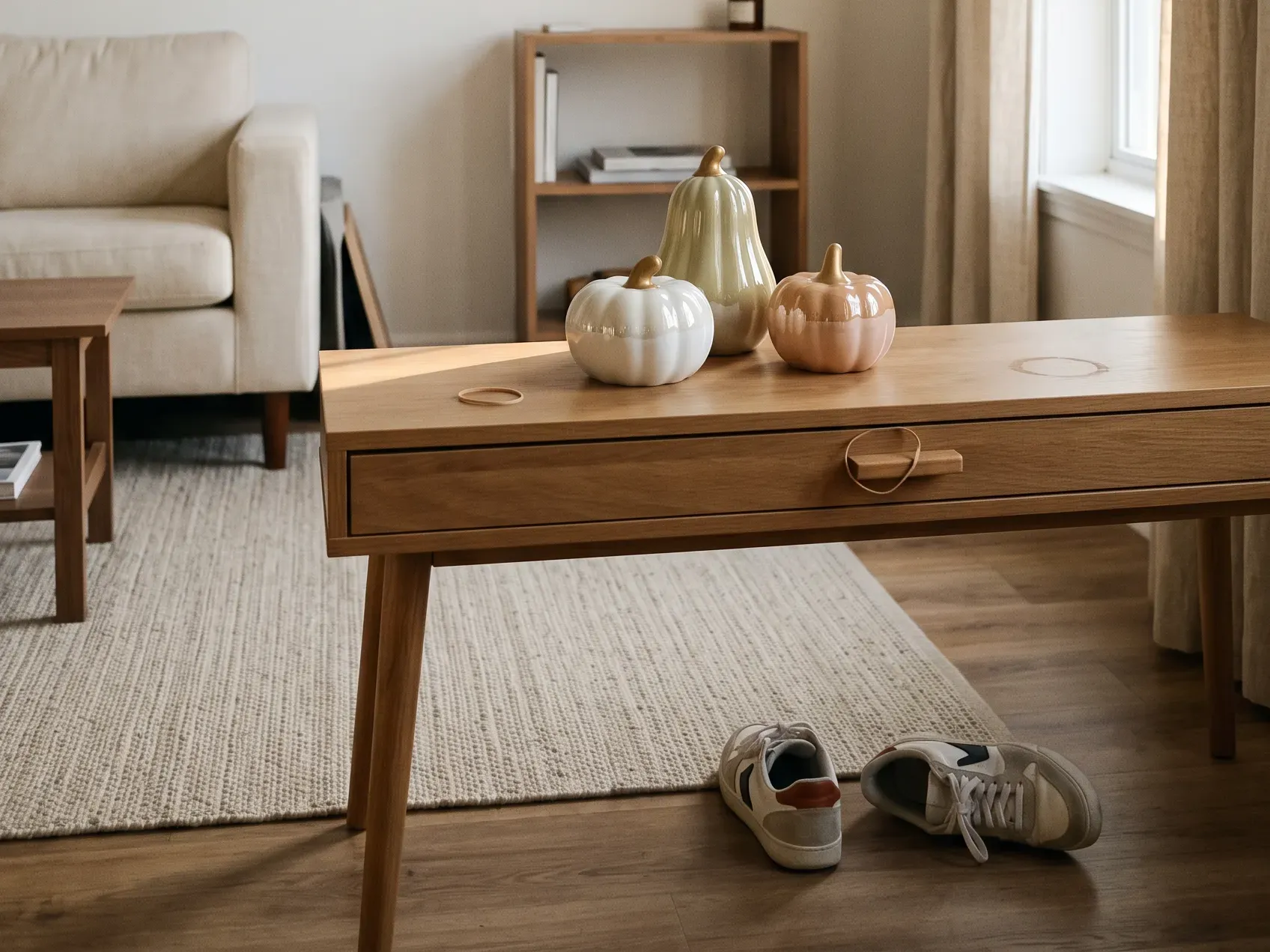 Three glazed ceramic pumpkins in cream, pale sage and clay with gold stems grouped on a wooden console table, the base layer of indoor Halloween decorations for a small apartment