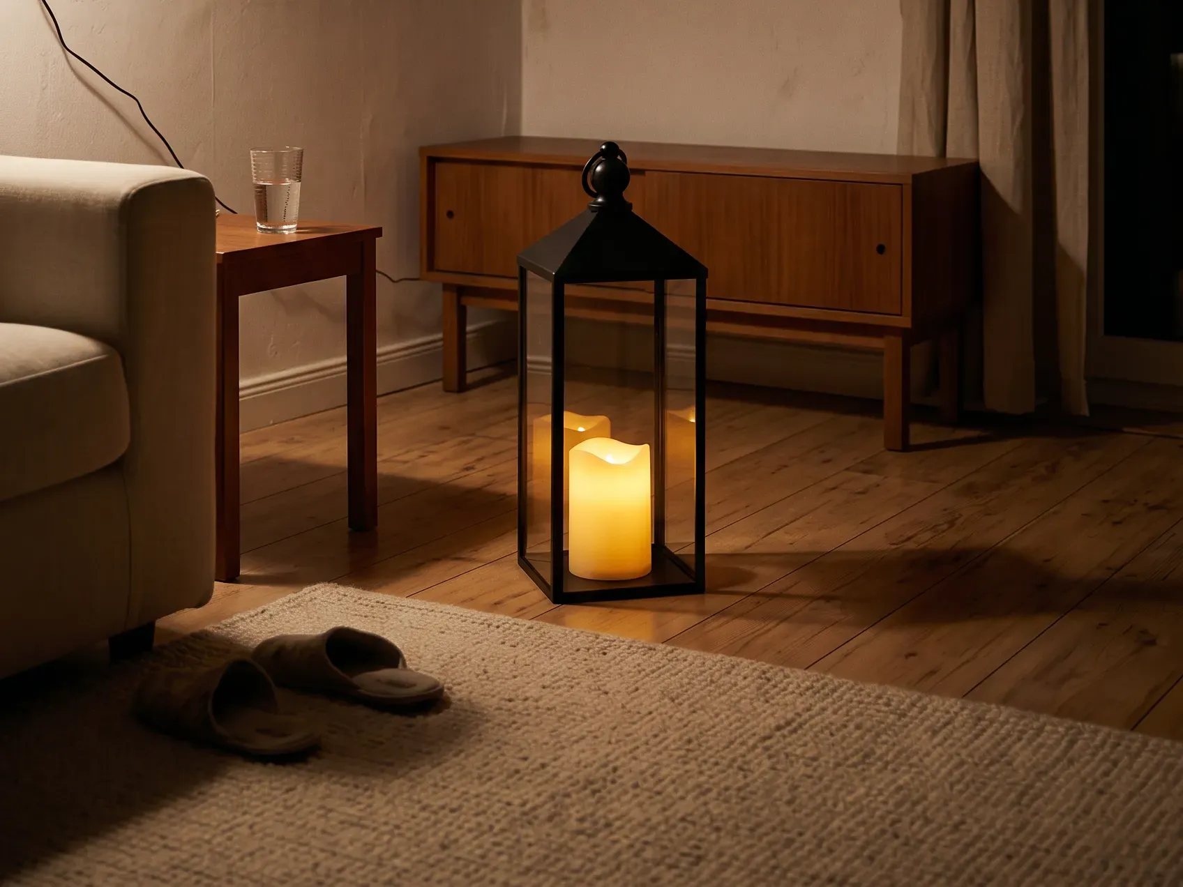 Black metal lantern with a flameless candle glowing on the floor beside a side table and a sofa at night, flame-free indoor Halloween decorations for renters