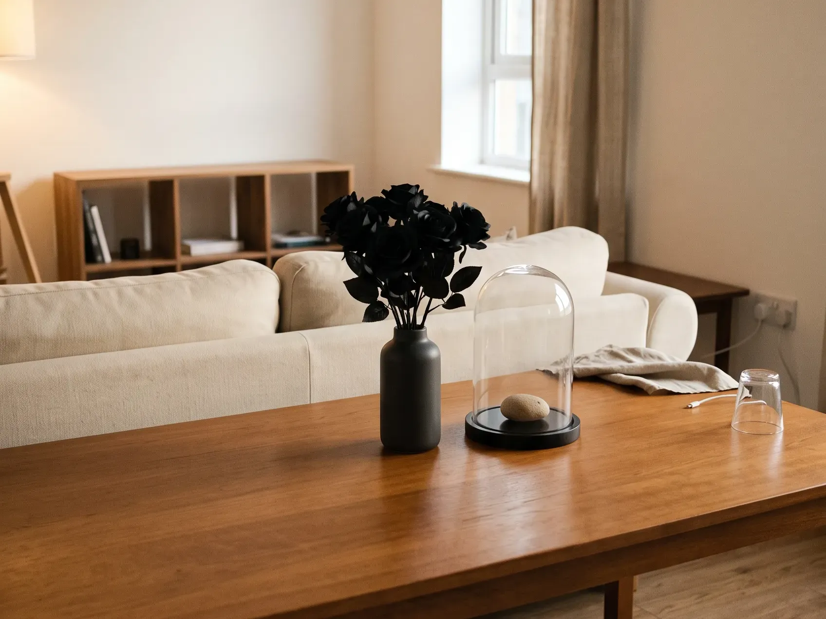 Black silk roses in a dark vase beside a glass cloche on a wooden dining table in warm evening light, table-top indoor Halloween decorations without orange plastic