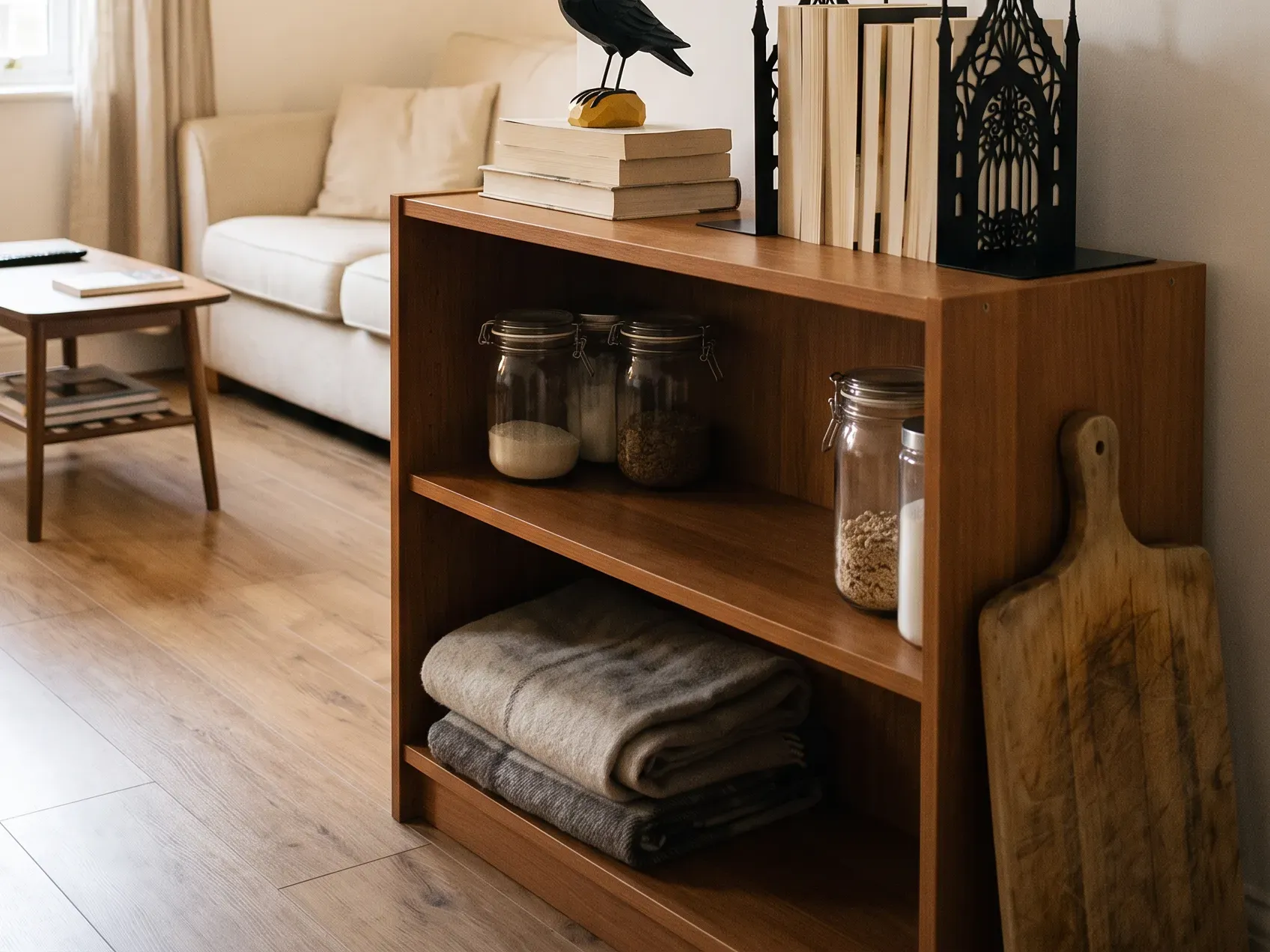 Gothic metal bookends holding a short stack of books beside a carved wood crow on a shelf, shelf styling with indoor Halloween decorations in a rental