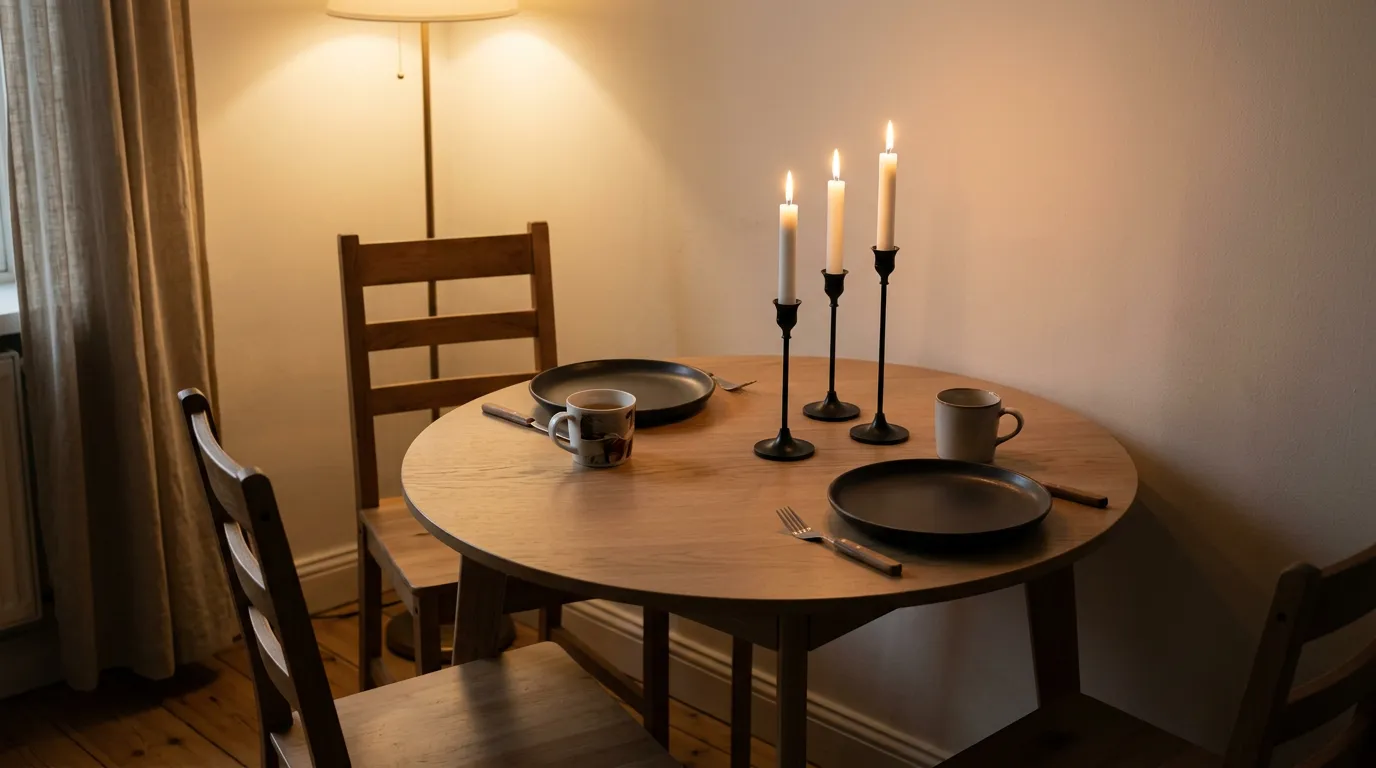 Small apartment dining table set with round black woven mats, charcoal plates and three lit black taper candles at dusk, Halloween table decor for a table you still eat at