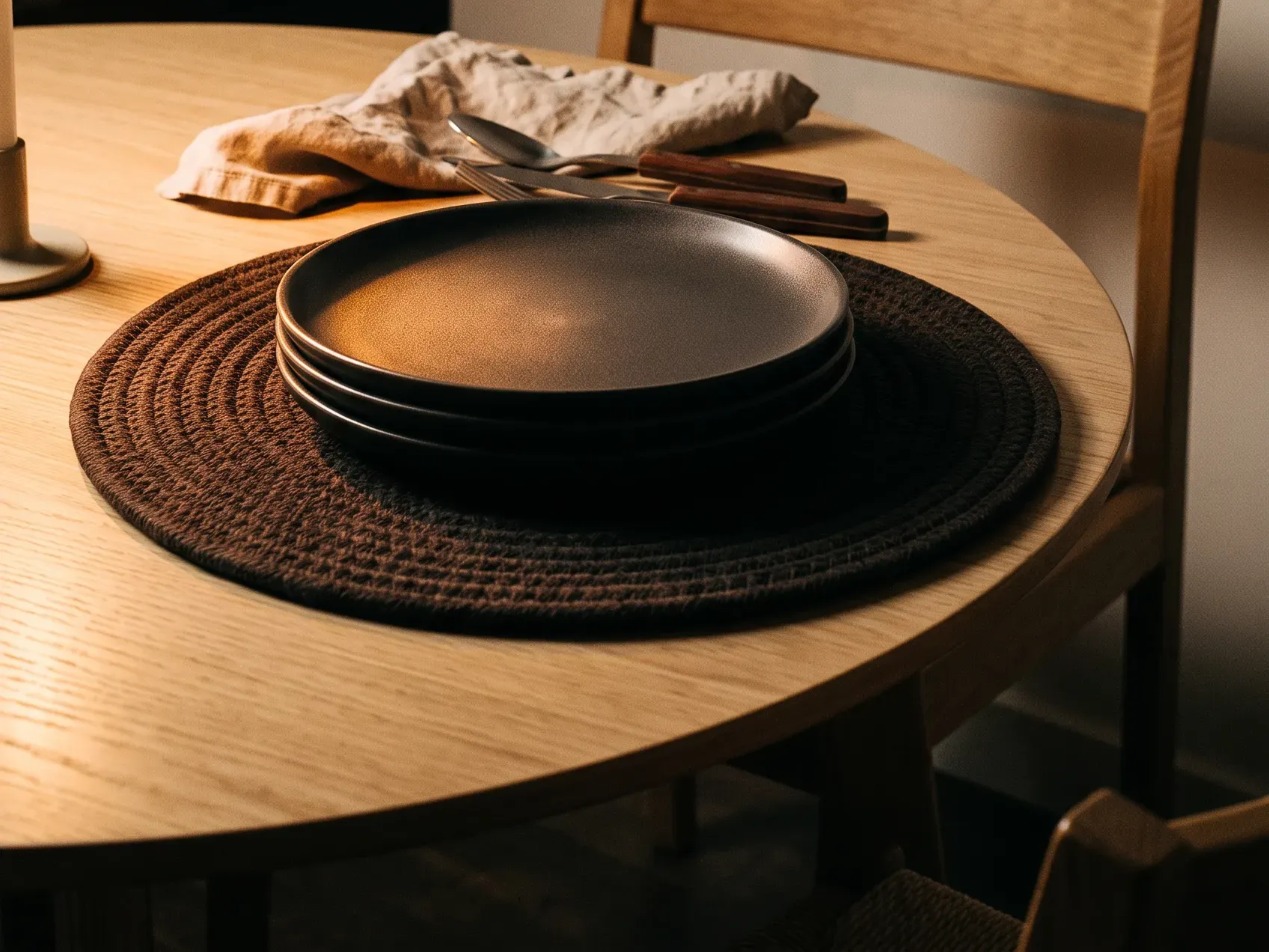 Round black woven rope placemats layered with charcoal stoneware dinner plates on a pale wood table, the base layer of Halloween table decor