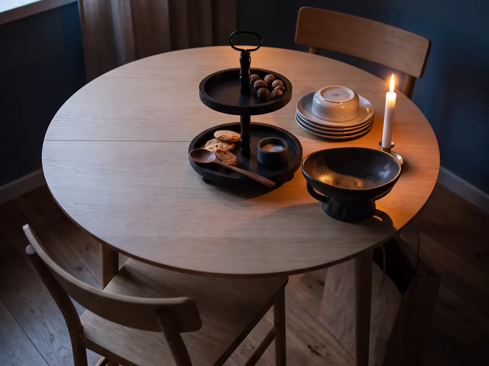 Black wood two-tier tray holding small dark objects in the middle of an apartment dining table, a vertical Halloween centerpiece for a small table