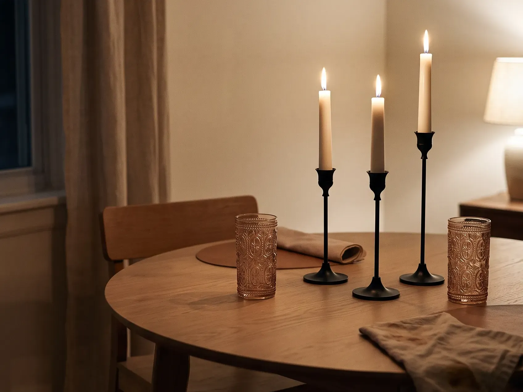 Three black taper candle holders at staggered heights lit beside amber pressed-glass tumblers on a dark apartment dining table, Halloween table decor in candlelight