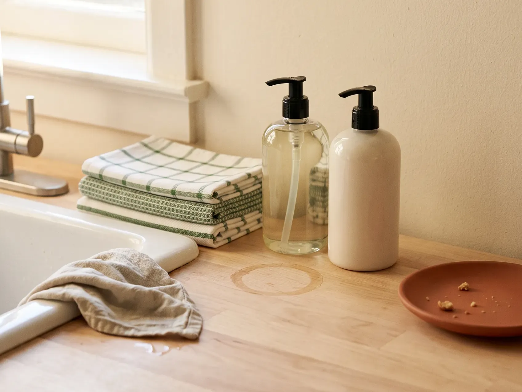 A folded set of olive kitchen towels beside a hand soap and lotion duo on a kitchen counter near a window, hostess gift ideas for a weekend stay