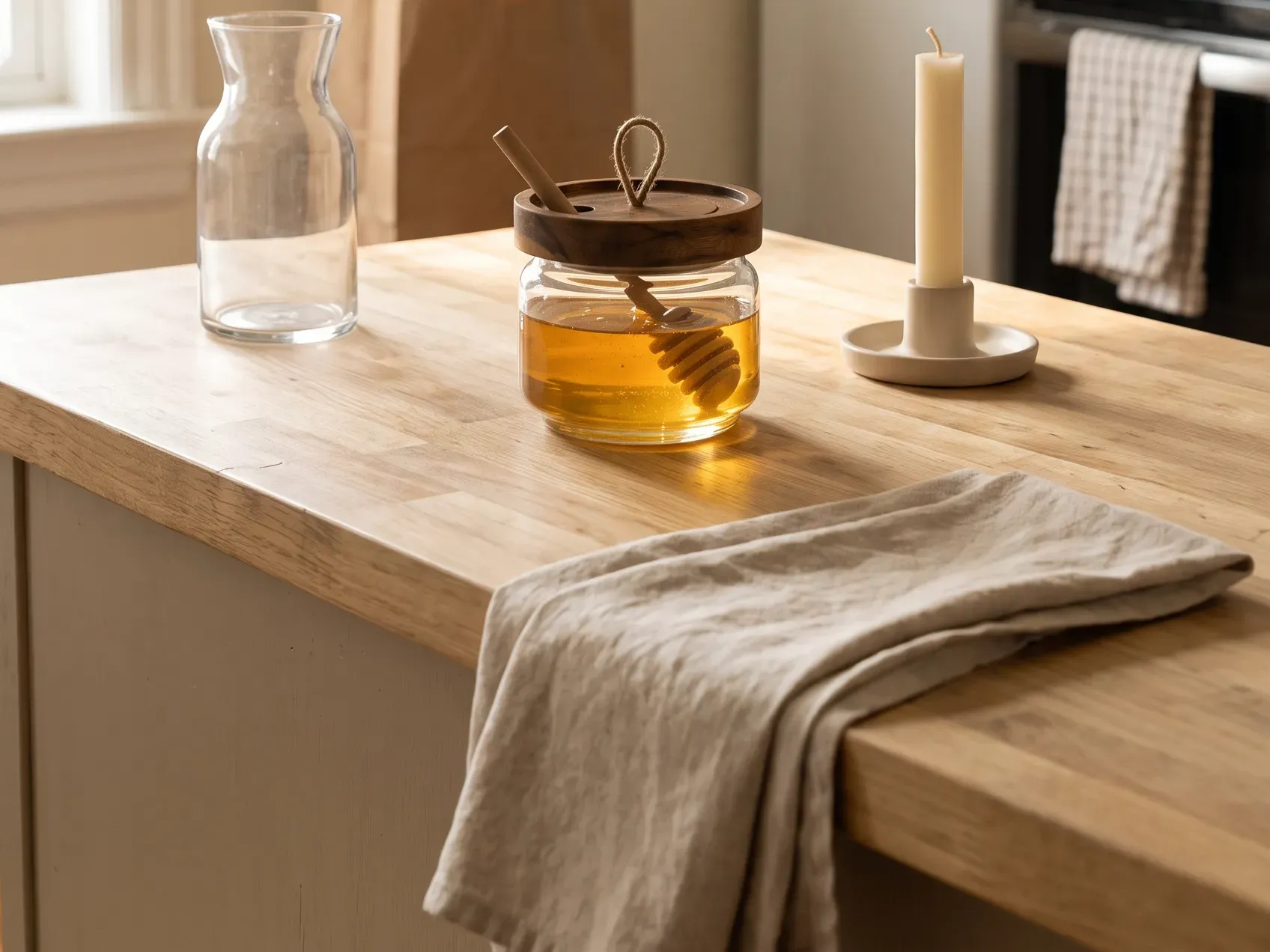 A small glass honey jar on a kitchen counter beside an empty vase and an unlit candle, showing what to skip when choosing hostess gift ideas
