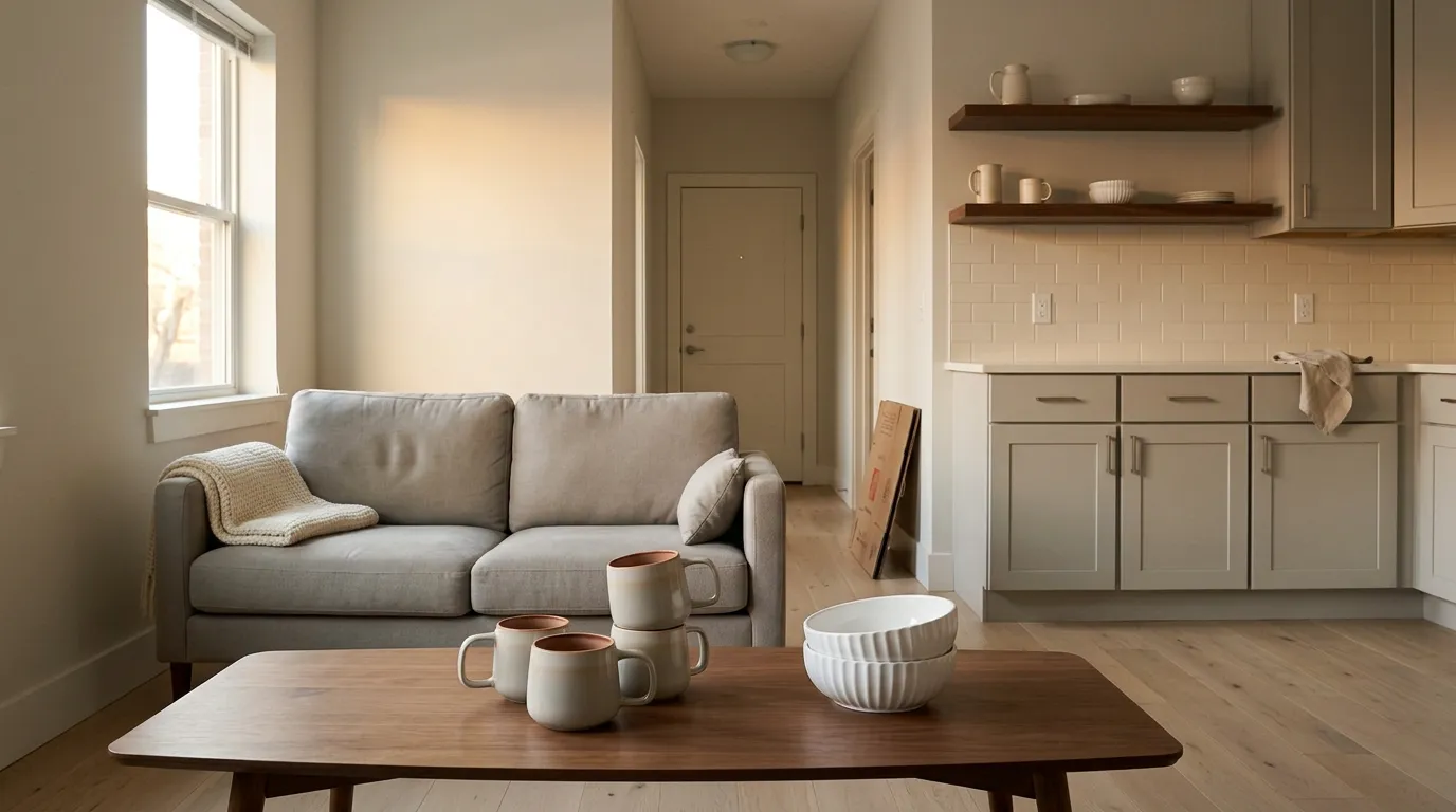 Stoneware mugs, a large ceramic serving bowl, wooden pepper grinders and stone coasters gathered on a walnut table in warm afternoon light, a set of housewarming gift ideas