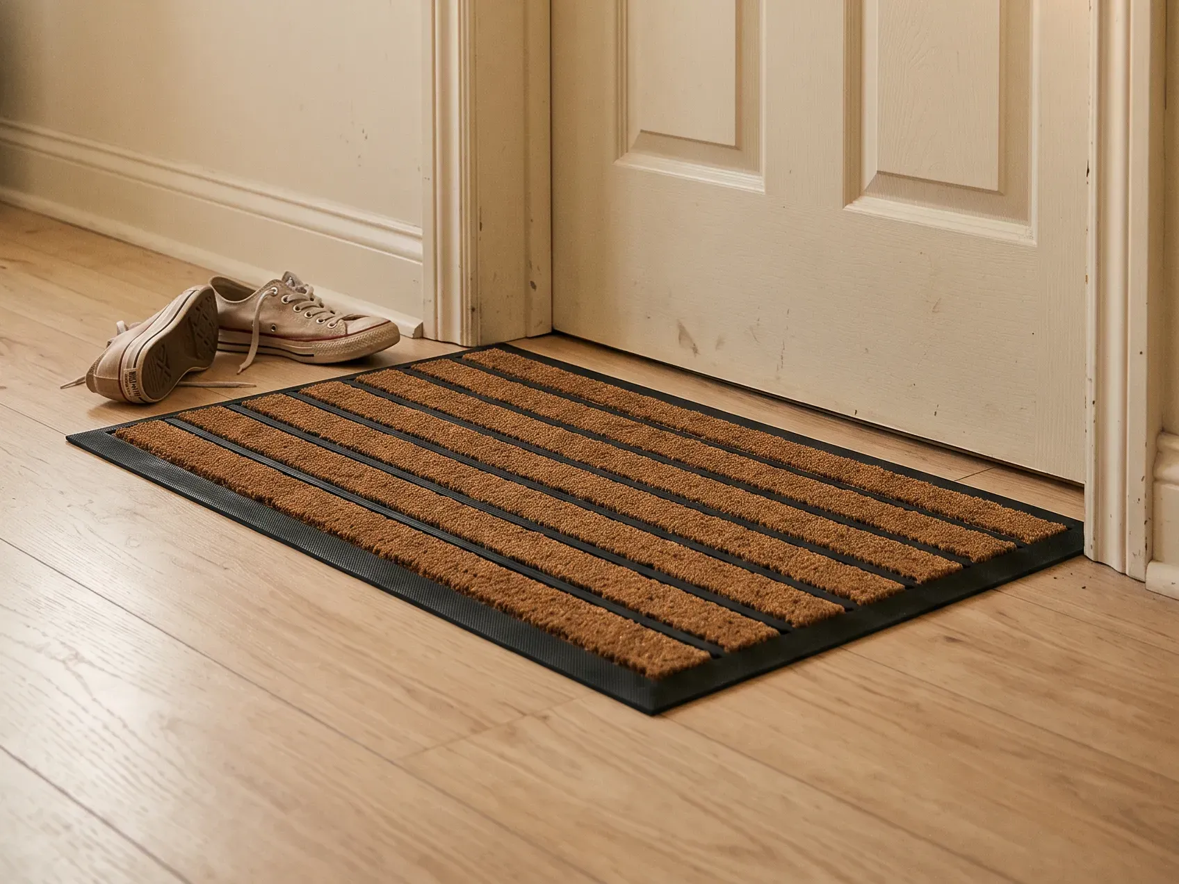 Plain natural coir doormat on a wooden floor beside a front door in morning light, a practical housewarming gift idea for a new apartment