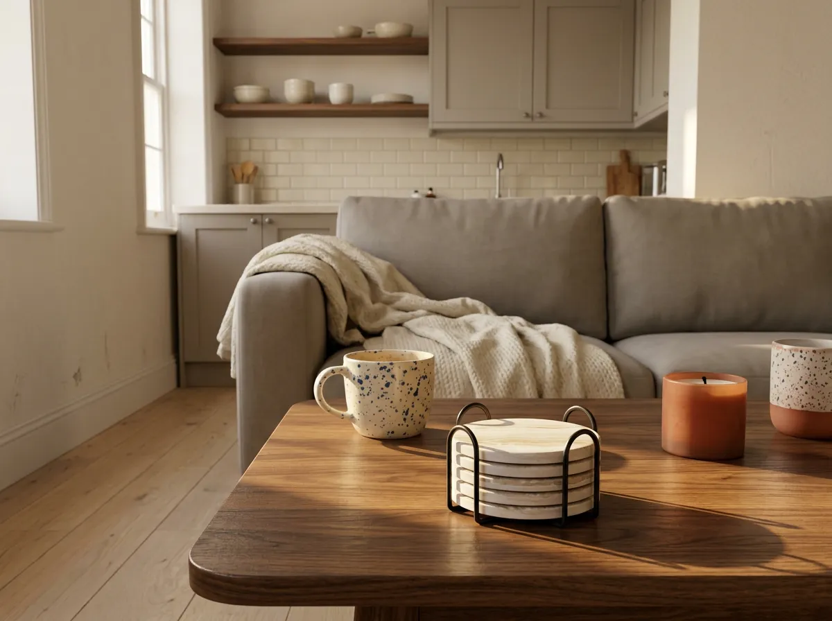Set of six absorbent stone coasters in a wooden holder on a walnut side table next to a mug, a practical housewarming gift for renters