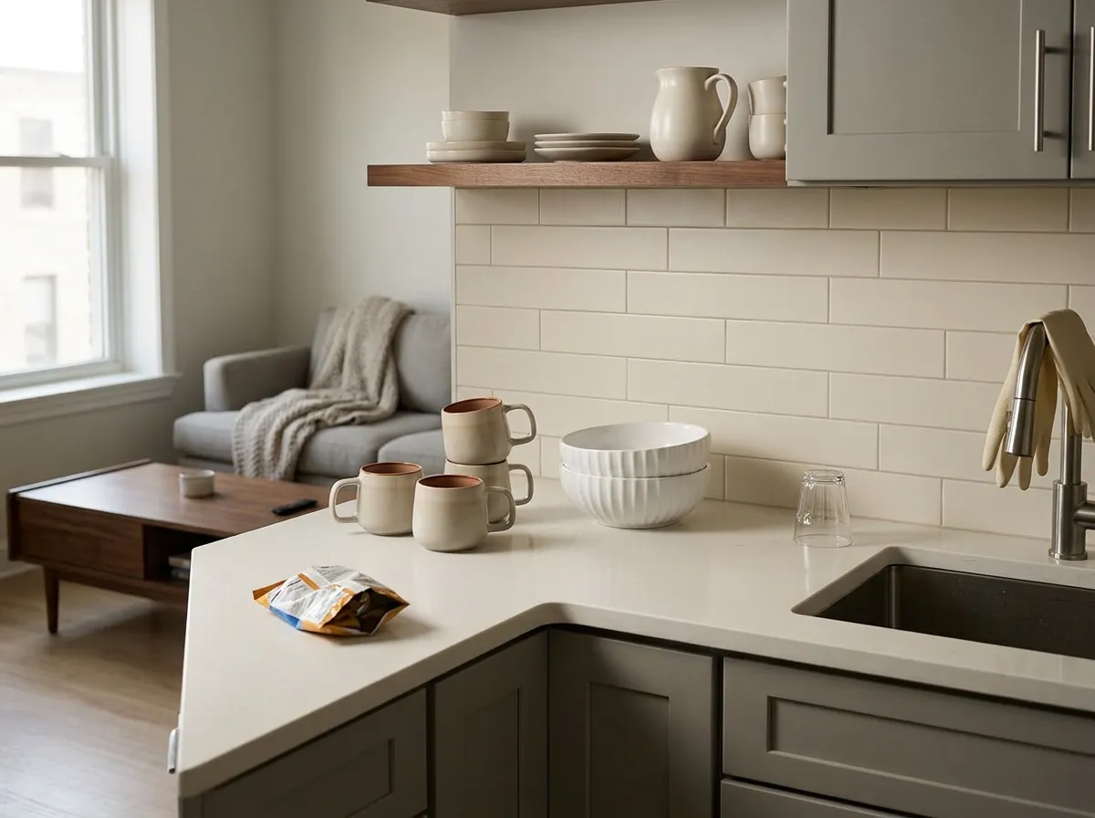Four sage stoneware mugs and a large white ceramic serving bowl arranged on a kitchen counter, housewarming gifts for couples moving into a new home