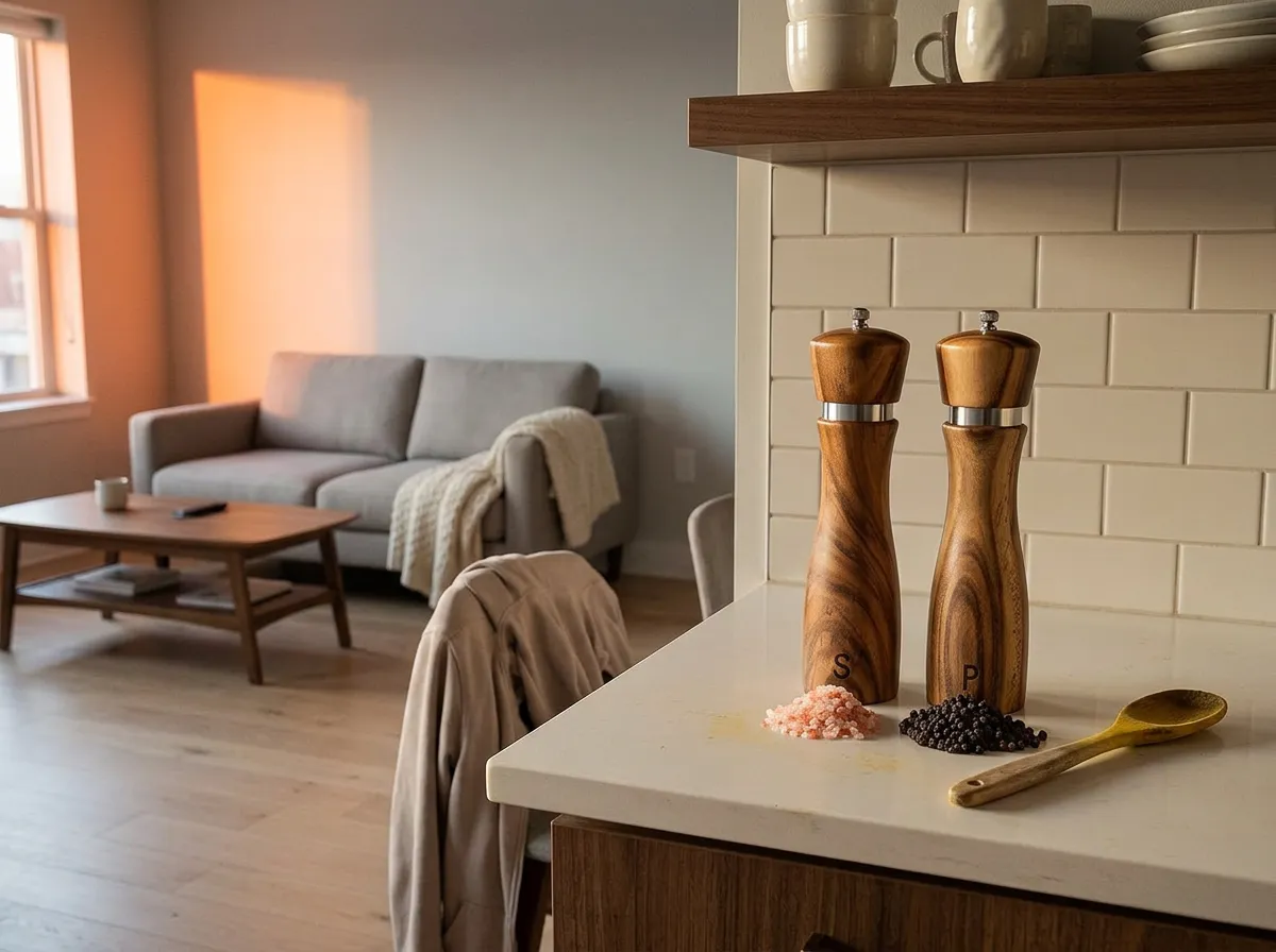 Wooden salt and pepper grinder set standing on a kitchen counter beside a folded tea towel, a small anchor item for a housewarming gift basket