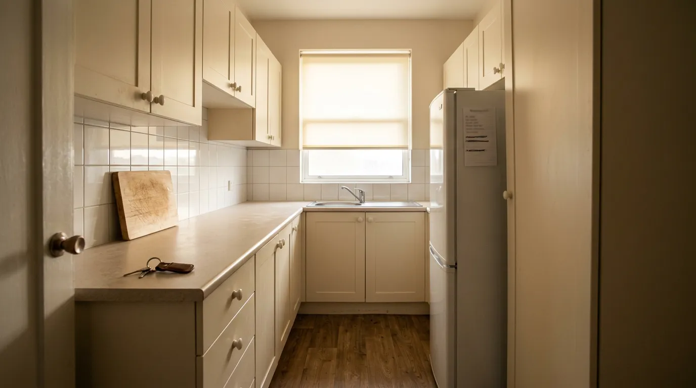 Narrow rental galley kitchen in morning light with a clear stretch of counter and open shelving, showing kitchen must haves from Amazon in place