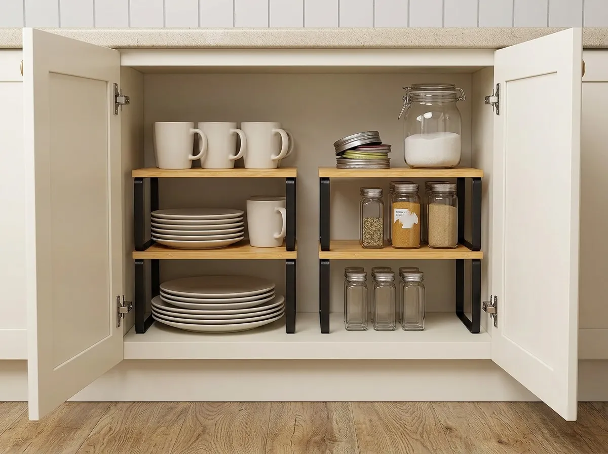 Open kitchen cabinet with a bamboo shelf riser splitting one shelf into two levels of plates and mugs, a kitchen must have from Amazon for small spaces