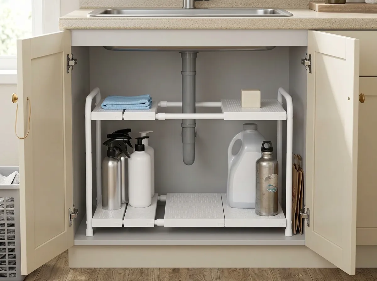 Open cabinet under a kitchen sink with a white two-tier expandable organizer fitted around the drain pipe, small kitchen storage for a rental