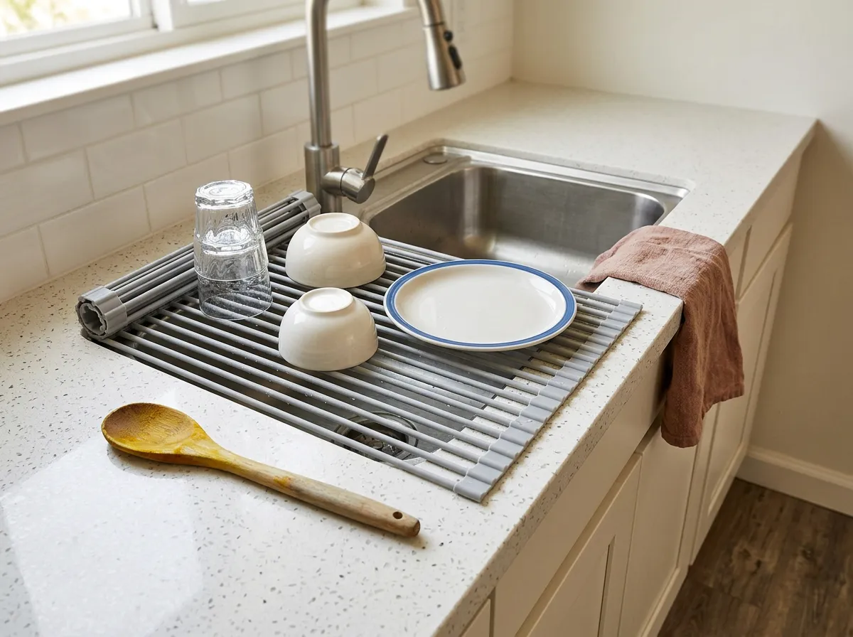 Warm gray roll-up drying rack stretched across a kitchen sink with two plates draining, a counter-saving kitchen must have from Amazon