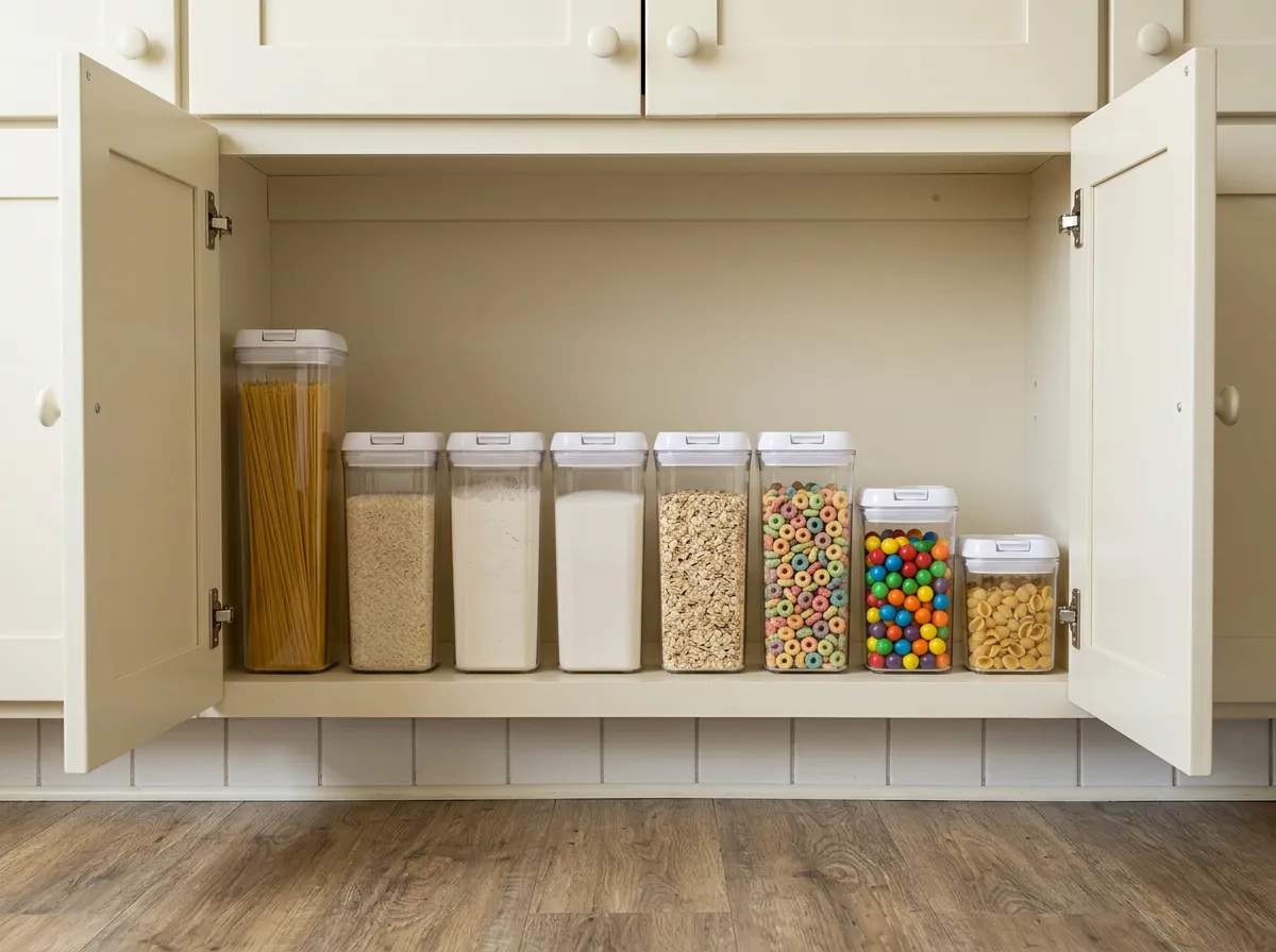Shelf of clear airtight canisters holding pasta, rice and flour in a small apartment kitchen, pantry-free kitchen organization ideas