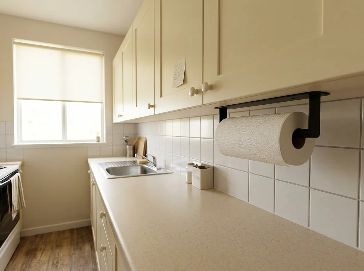 Black self-adhesive paper towel holder mounted under a kitchen wall cabinet above a clear counter, renter friendly kitchen upgrades with no drilling