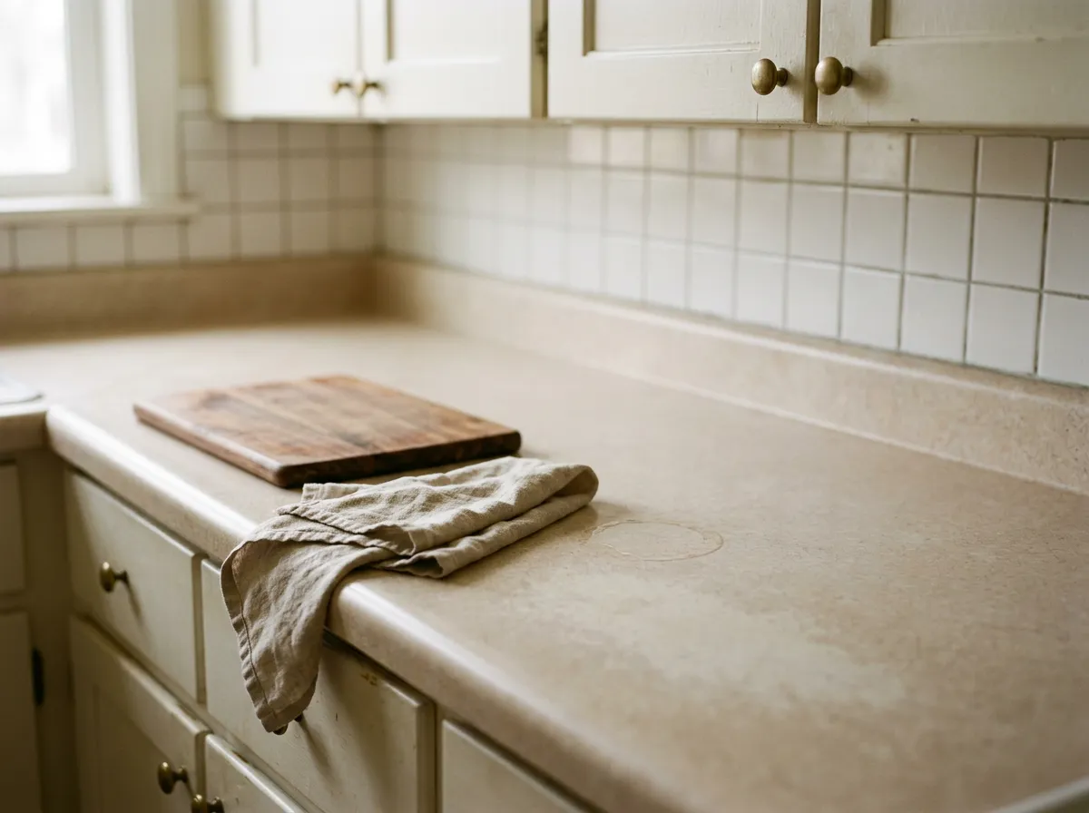 Empty stretch of kitchen counter beside a sink with only a wooden board and a linen cloth, the result of small kitchen storage ideas for renters