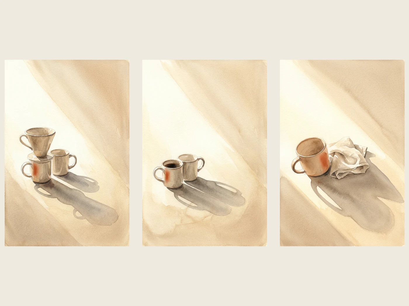 Three warm neutral watercolour coffee prints shown as a set, morning light and long soft shadows, no drill wall decor art for a rental kitchen or coffee corner