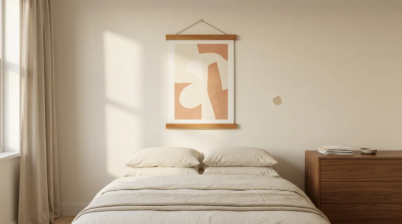 Teak magnetic poster hanger holding a large terracotta print on the wall above a bed made with cream linen bedding, how to hang pictures without nails in a small rental bedroom