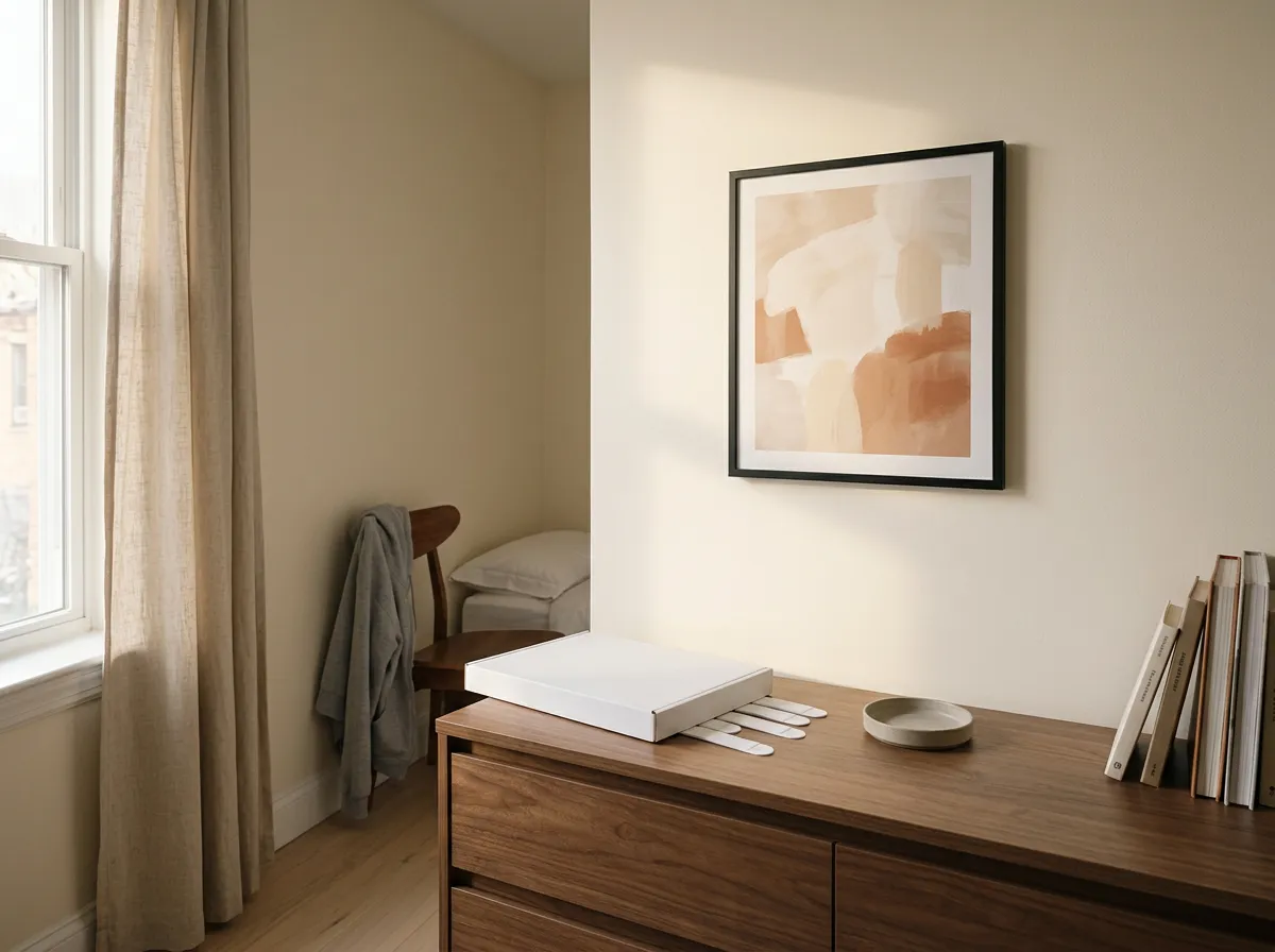 Black picture frame hanging flat on a smooth cream wall above a dresser with an open pack of adhesive picture hanging strips below it, no drill wall decor for renters