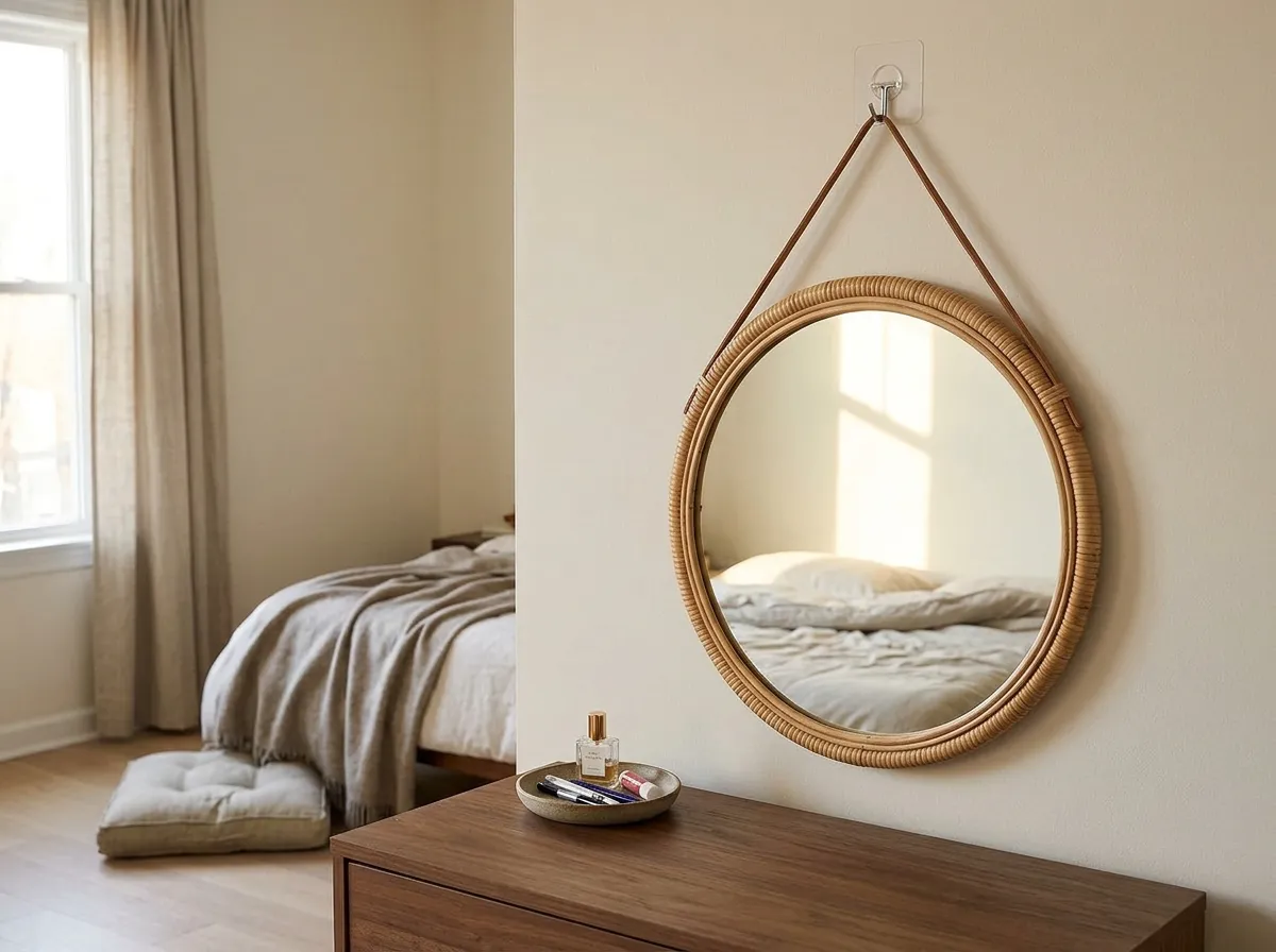 Round rattan mirror hanging from a single clear adhesive wall hook above a dresser in a rental bedroom, damage free no drill wall decor