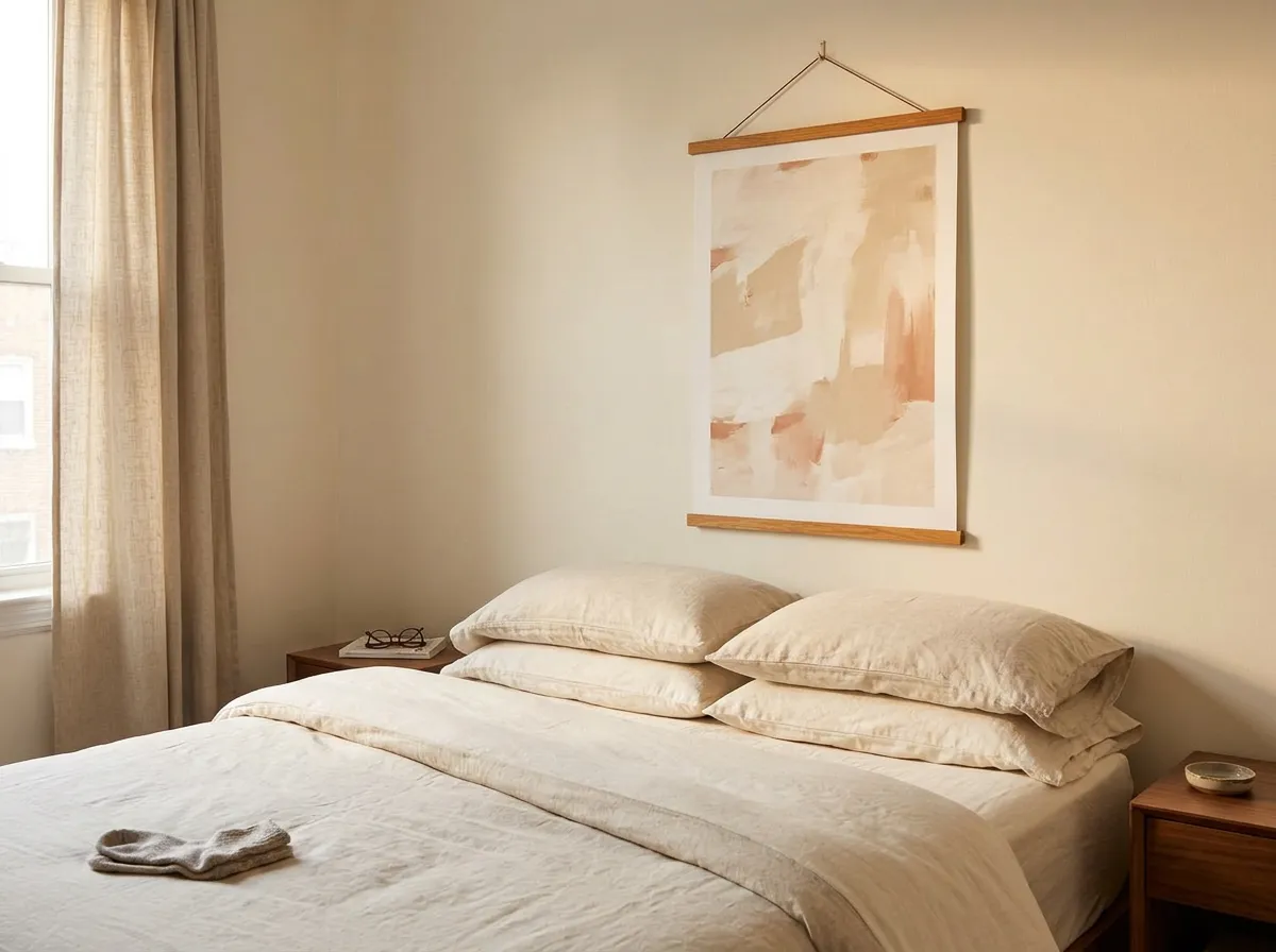 Close view of the teak rails of a magnetic poster hanger clamping a large print on the wall above a bed, no drill wall decor for a rental bedroom