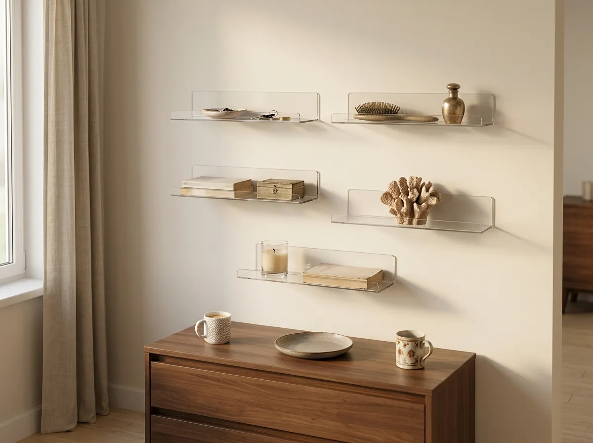 Four clear acrylic adhesive wall shelves staggered on a pale wall holding a small candle and folded book, no drill wall decor shelving for renters