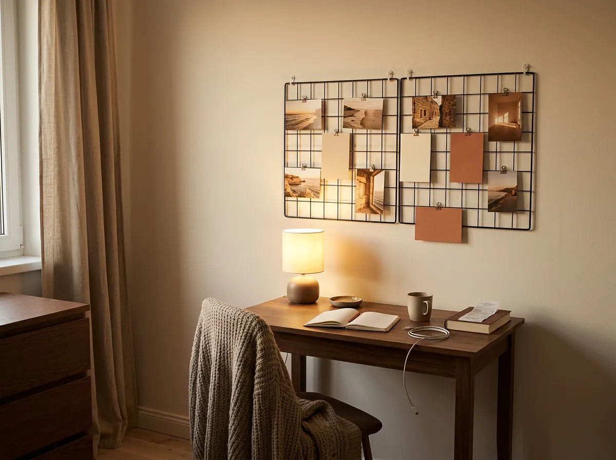 Black wire wall grid panels above a small desk with warm-toned photos clipped on and a lamp lit in the evening, changeable no drill wall decor for a rental