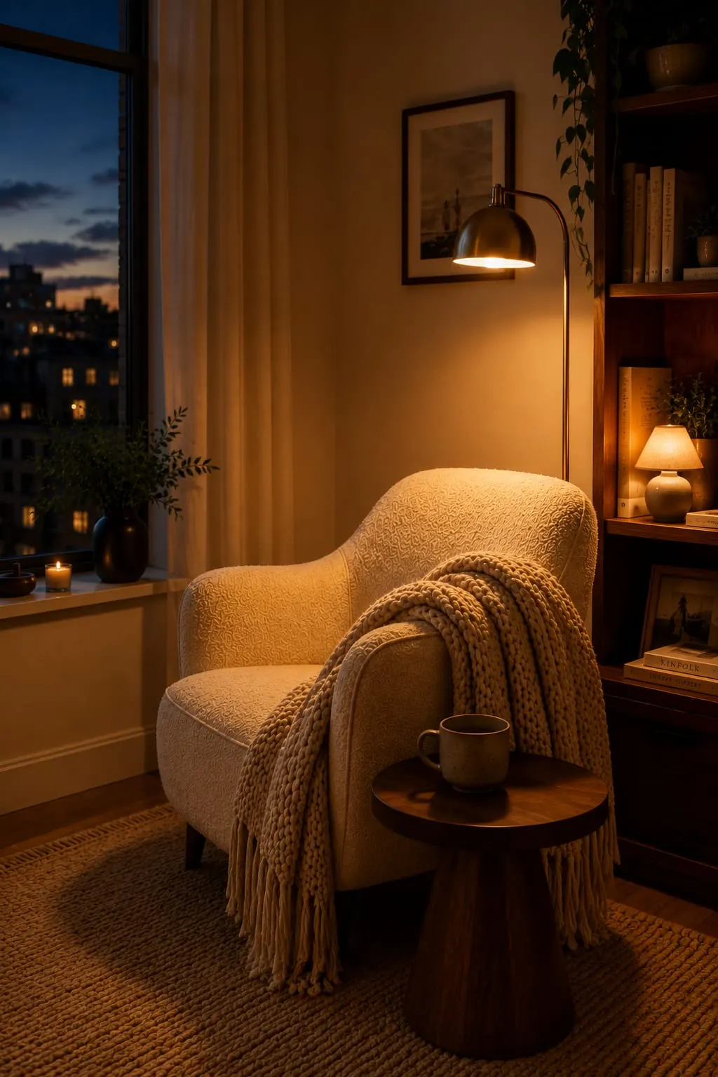 Cozy reading nook in a small apartment corner with a cream boucle accent chair, chunky knit throw blanket, and warm brass floor lamp