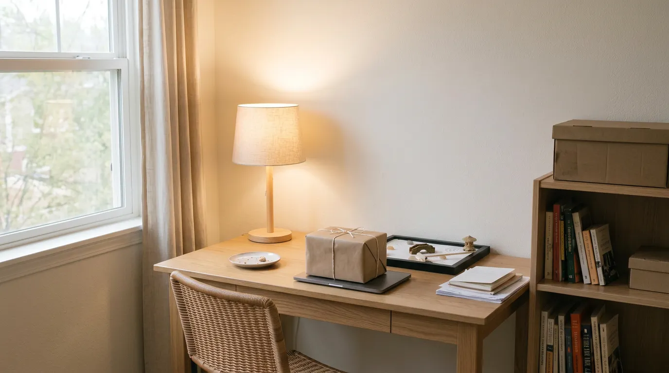 A wrapped gift box sitting on a small home desk beside a warm lamp, secret santa gift ideas for a coworker exchange