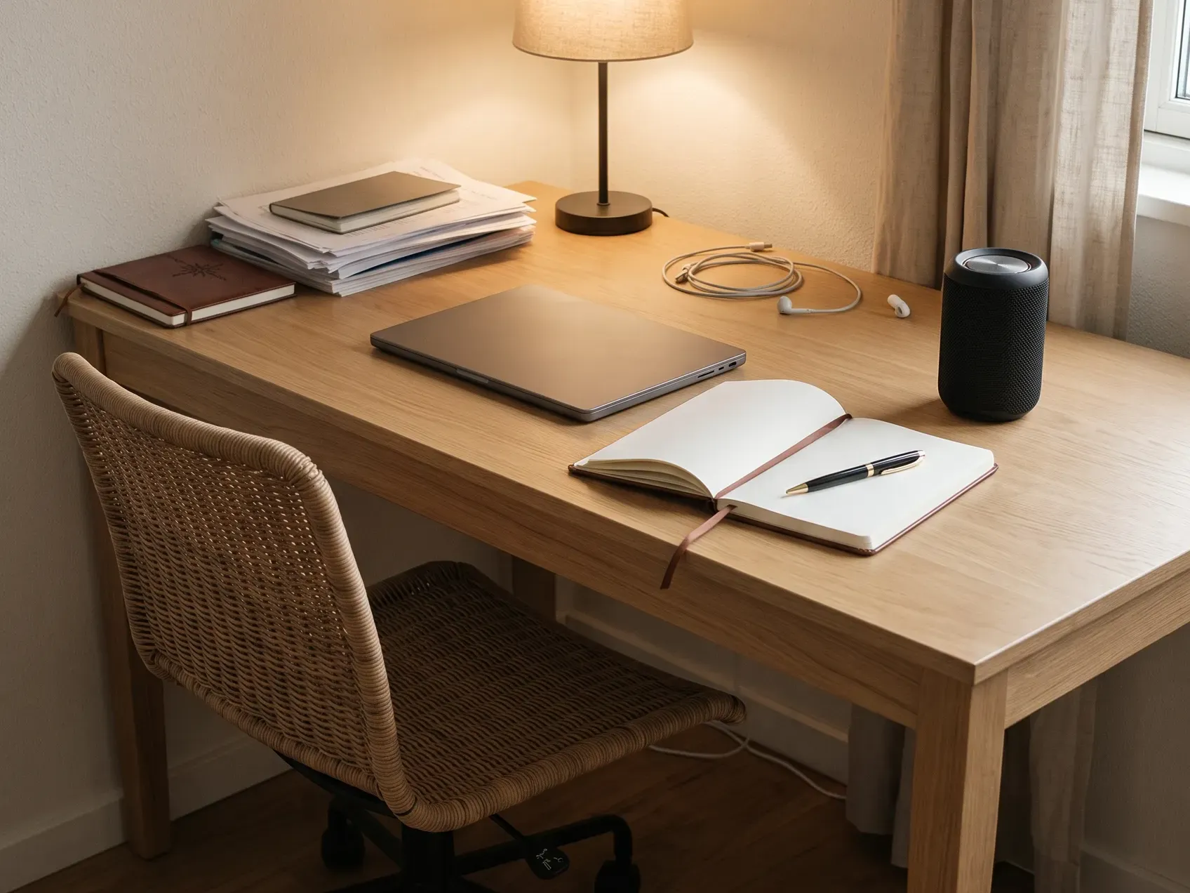 A leather journal and pen set beside a small portable speaker on a wooden desk in warm light, secret santa gift ideas that feel personal