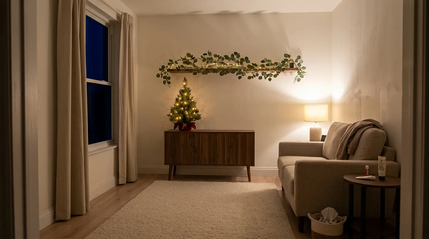 Warm evening view of a small apartment living room decorated for Christmas with a lit tabletop tree on a console, a lighted garland along a shelf and a wreath on the door, an example of small apartment Christmas decor
