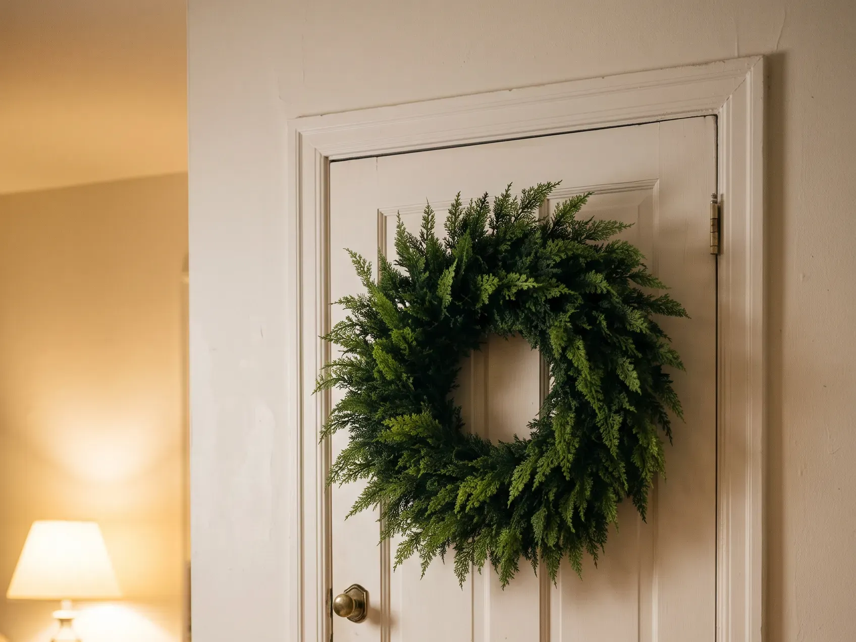 Faux cedar wreath hanging on the inside of an apartment front door from a slim over-the-door hanger, no nails used, small apartment Christmas decor for renters