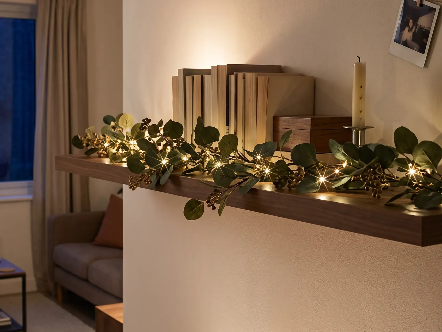 Lighted eucalyptus garland draped along a floating shelf with warm white fairy lights behind a row of books in a small apartment at night, no-nail Christmas lighting