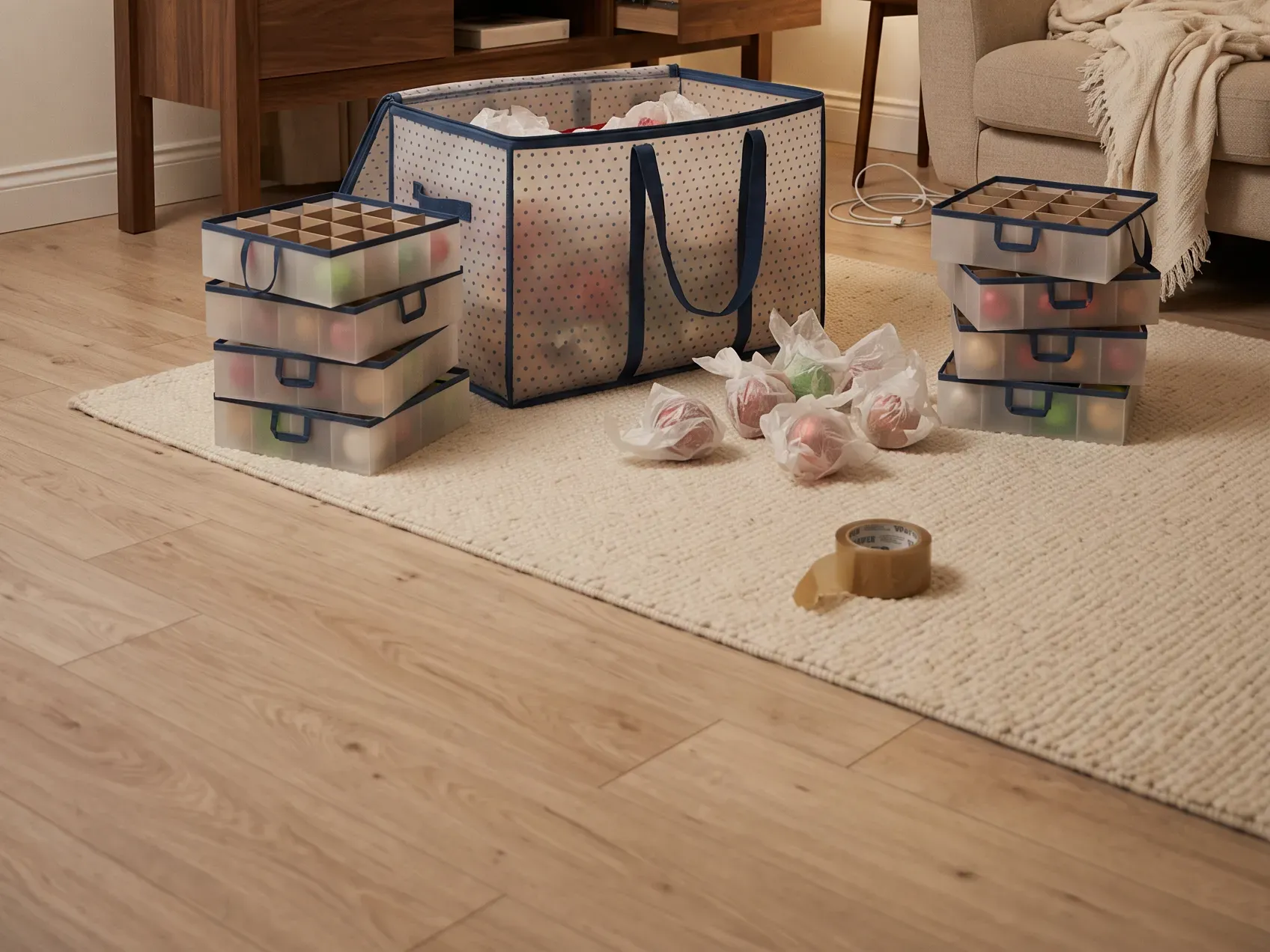 Open ornament storage box with adjustable dividers holding wrapped ornaments beside a folded garland on an apartment floor, storing small apartment Christmas decor after the holidays