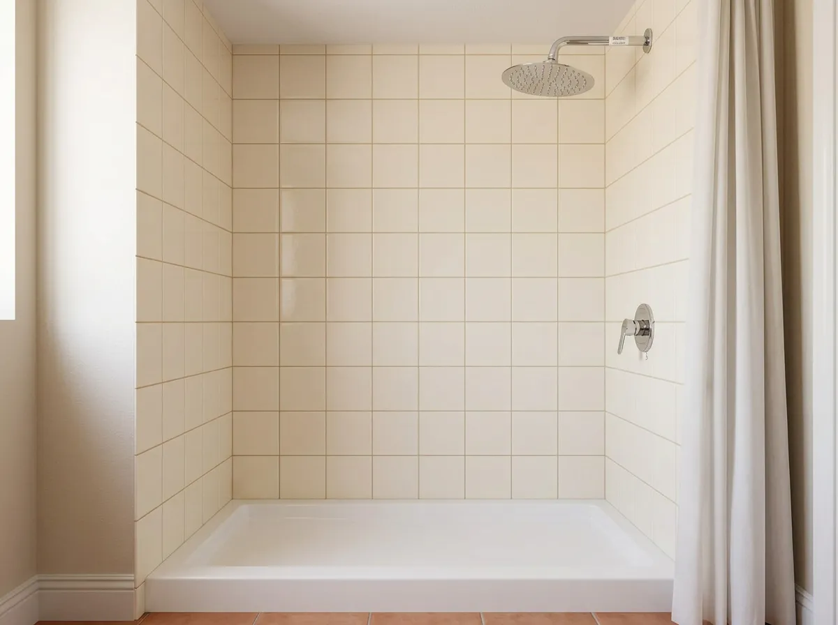 Hand-tightening a slim round rain shower head onto a chrome shower arm against beige wall tile in a small bathroom decor ideas setup