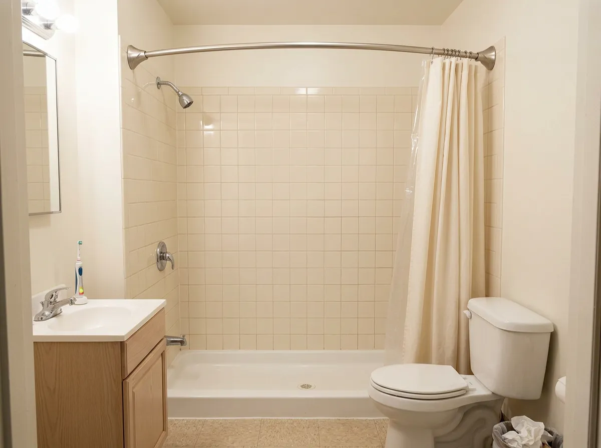 Cream shower curtain bowing outward on a curved brushed nickel tension rod across a shower stall in a narrow rental bathroom, one of the best small bathroom decor ideas for space